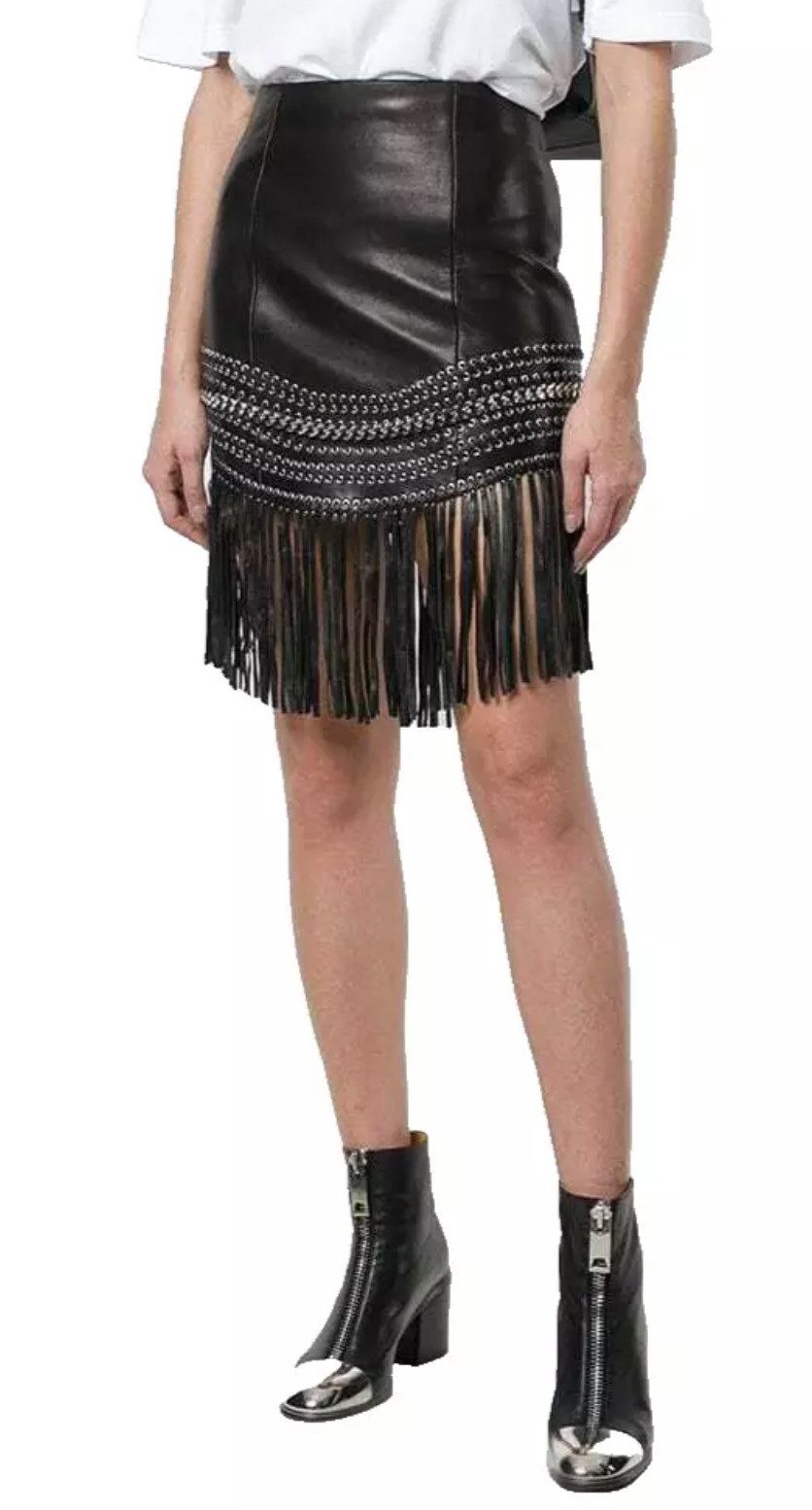 Balmain Paris Lederrock Mini Rock mit Fransen Rockigen Metal Ketten-Details Mit verstärkten Metallösen und feinen Schnürdetails