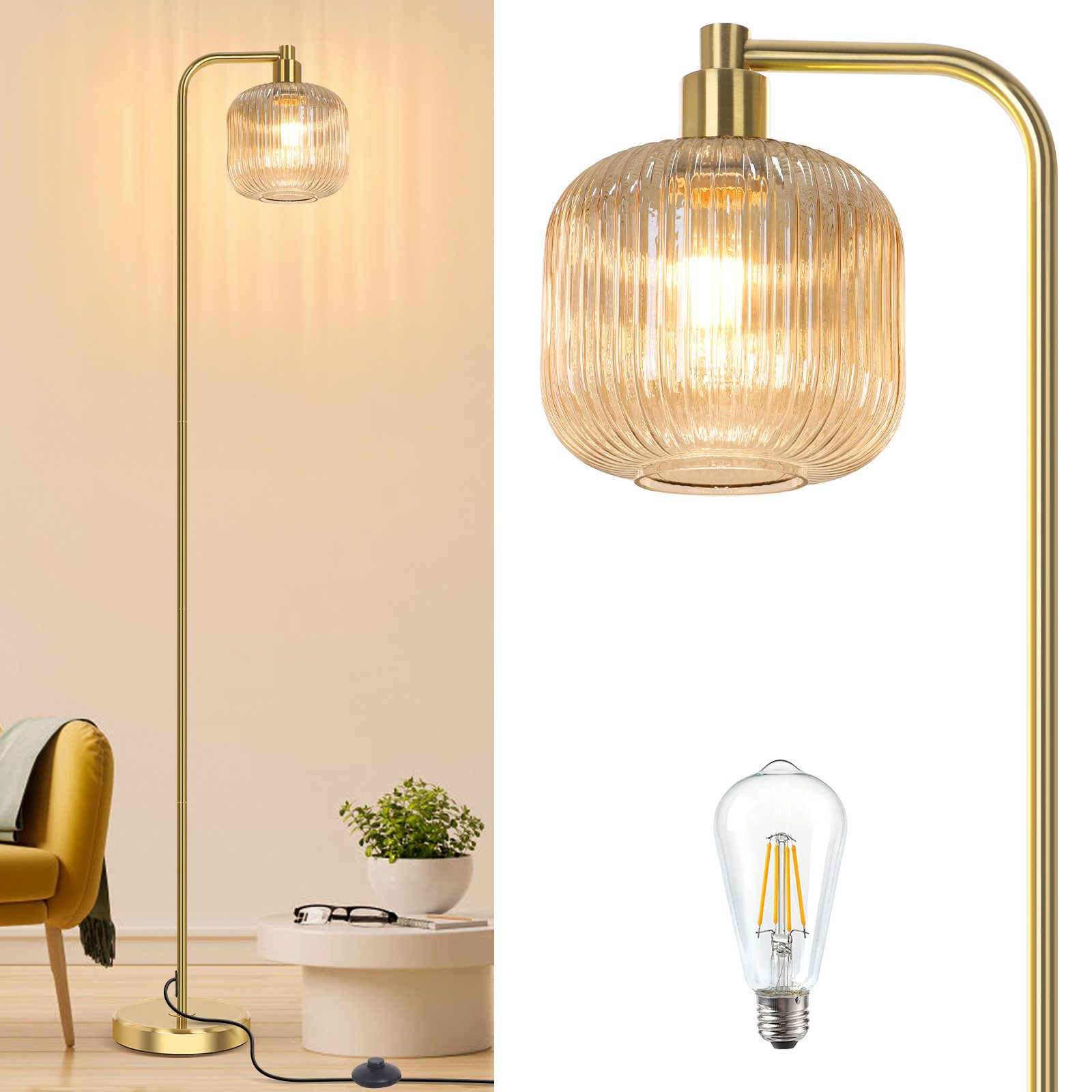 LED Stehlampe Glas Stehlampe Wohnzimmer,Vintage Stehleuchte mit Fußschalter,170cm