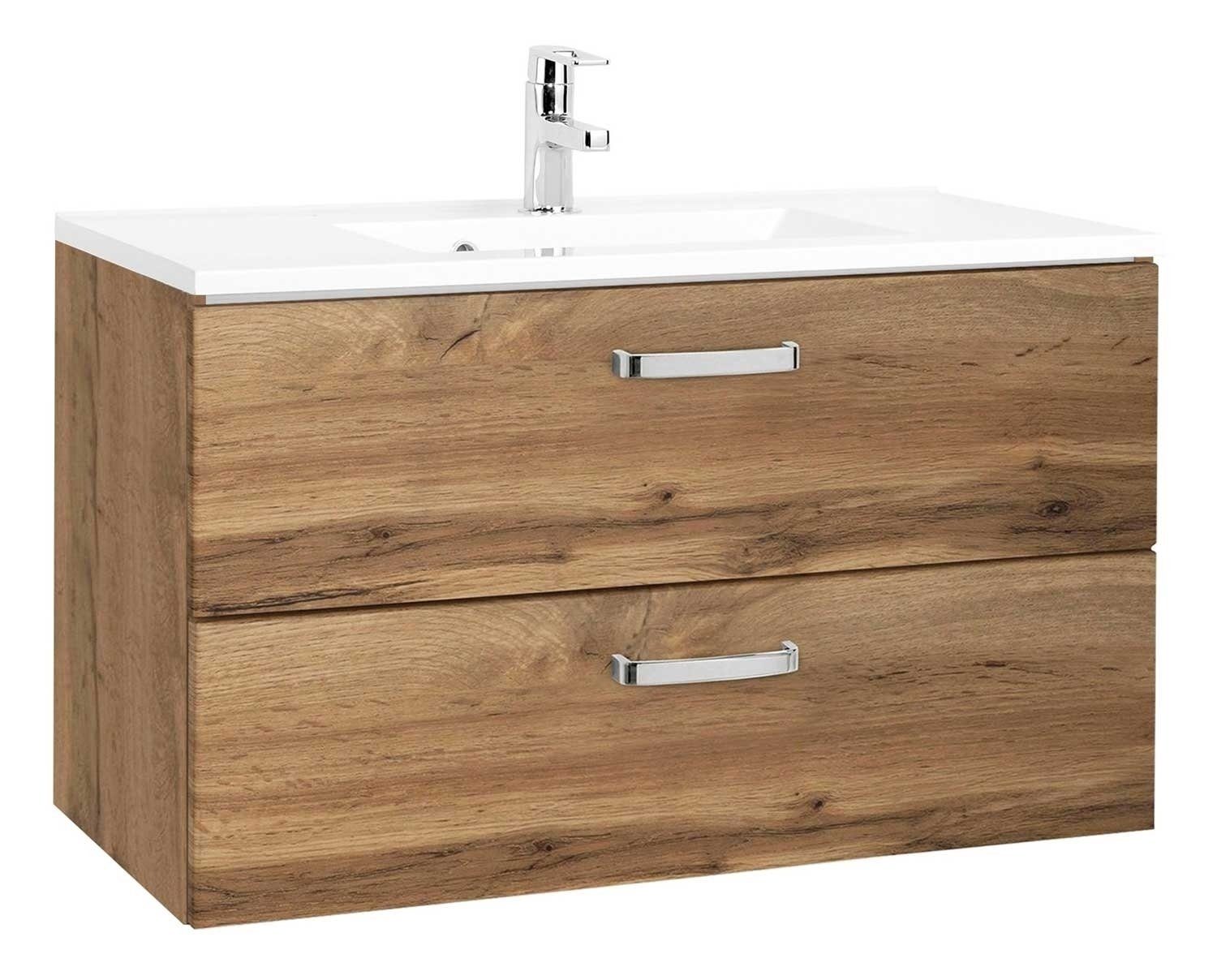 HELD MÖBEL Waschtisch-Set Waschtischkombination BOLOGNA, B 80 cm, (2-St), Wotan Eiche Dekor, mit 2 Schubladen, inkl. Mineralgussbecken