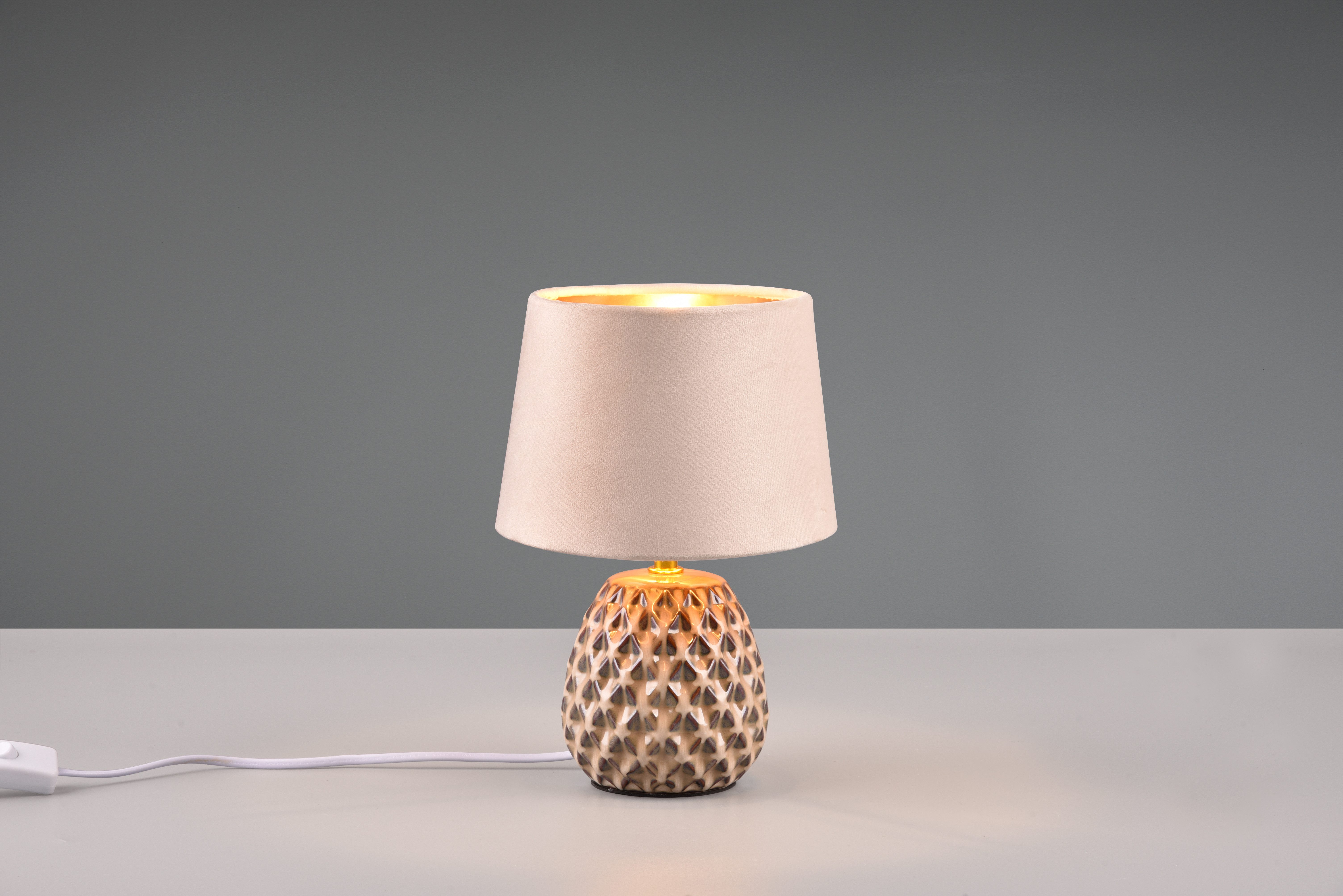 Reality Leuchten Schreibtischlampe ARIANA Tischleuchte exkl 1xE14 max40W Höhe 27cm Ø 18cm Nachttischlampe, Ein-/Ausschalter, Leuchtmittel wechselbar, warmweiß - kaltweiß, Struktur Keramik Samt Schirm innen gold,Tischlampe mit Schnurschalter