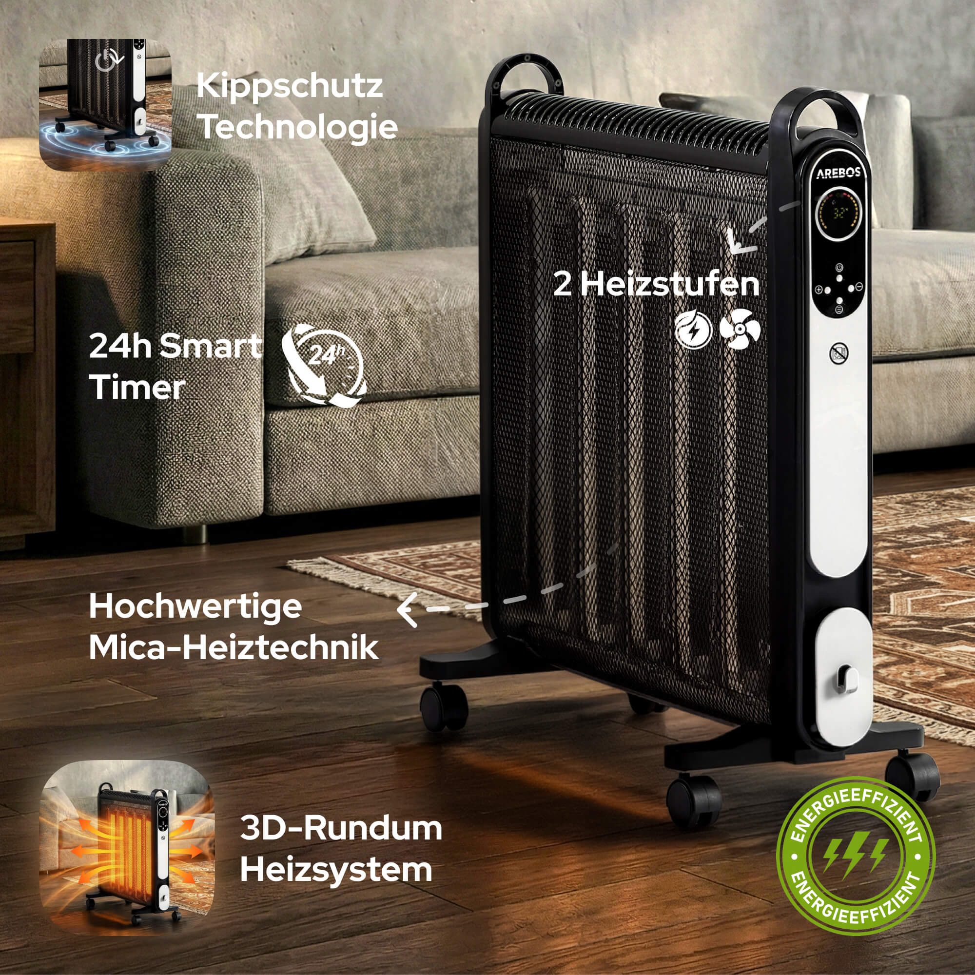 Arebos Konvektor Elektroheizung, mobiler elektro Heizlüfter mit 2 Heizstufen, schwarz, 2000 W