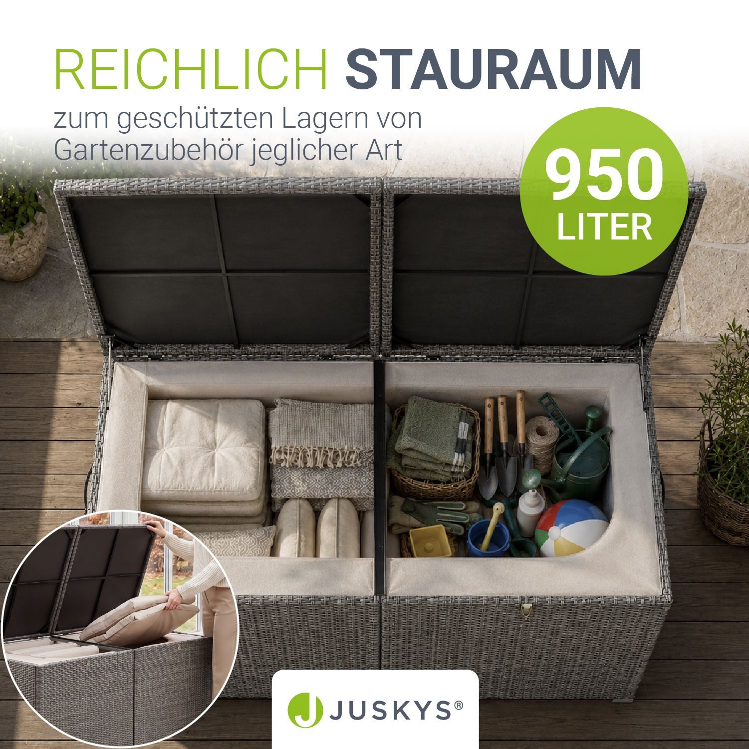 Juskys Auflagenbox Ikaria, aus Polyrattan, mit Deckel, Hubautomatik und Innenplane