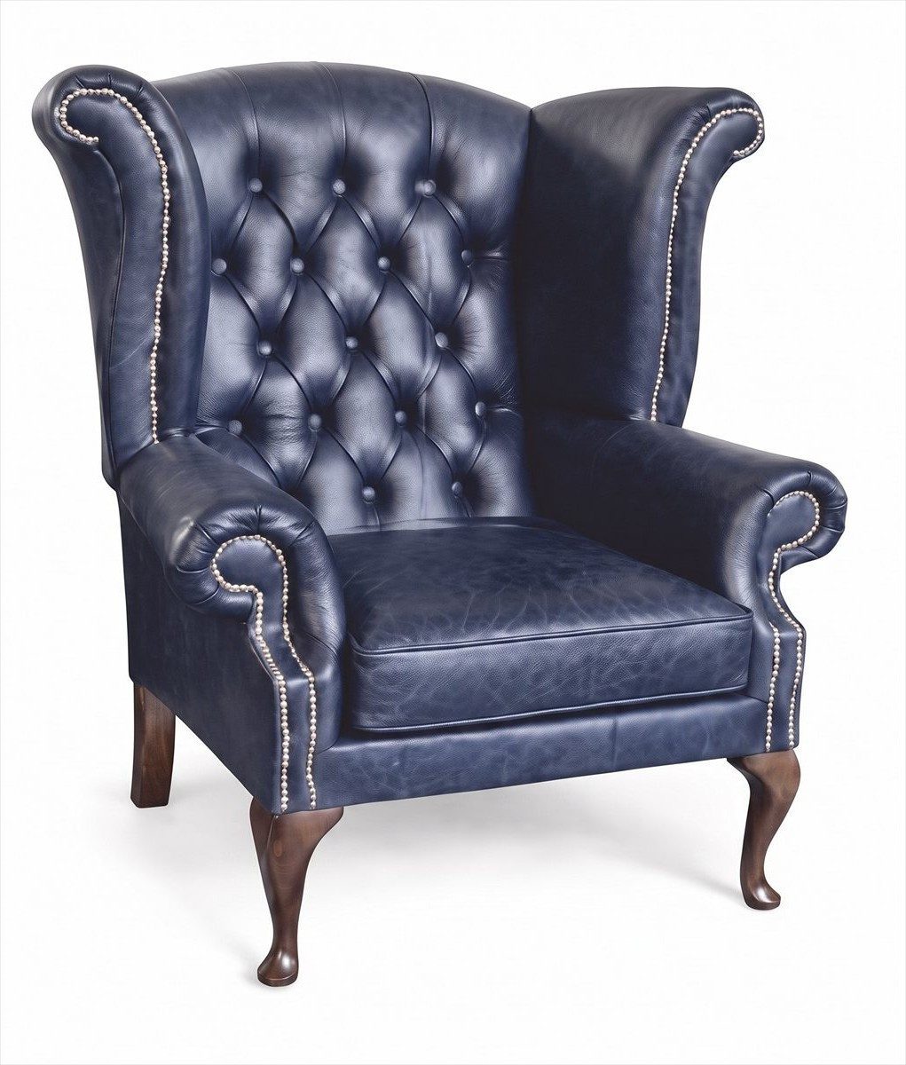 Xlmoebel Ohrensessel Sessel Chesterfield Leder Union Jack Wingback British Vintage Blau (Sessel, 1-St., 1-tlg), Britische Flagge Design
