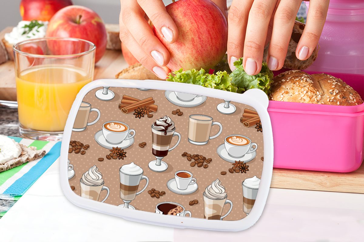 rosa Mädchen, Brotbox Brotdose Cappuccino Schokolade, Muster MuchoWow Kaffee Lunchbox - für Kinder, - Kunststoff, (2-tlg), Kunststoff - Snackbox, Erwachsene,