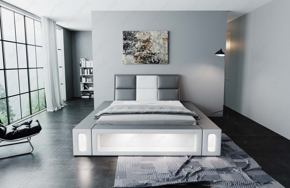 Sofa Dreams Boxspringbett Bett Beleuchtung, mit mit Venosa LED LED Kunstleder Beleuchtung Topper, mit Mit Komplettbett Matratze, Premium grau-weiß