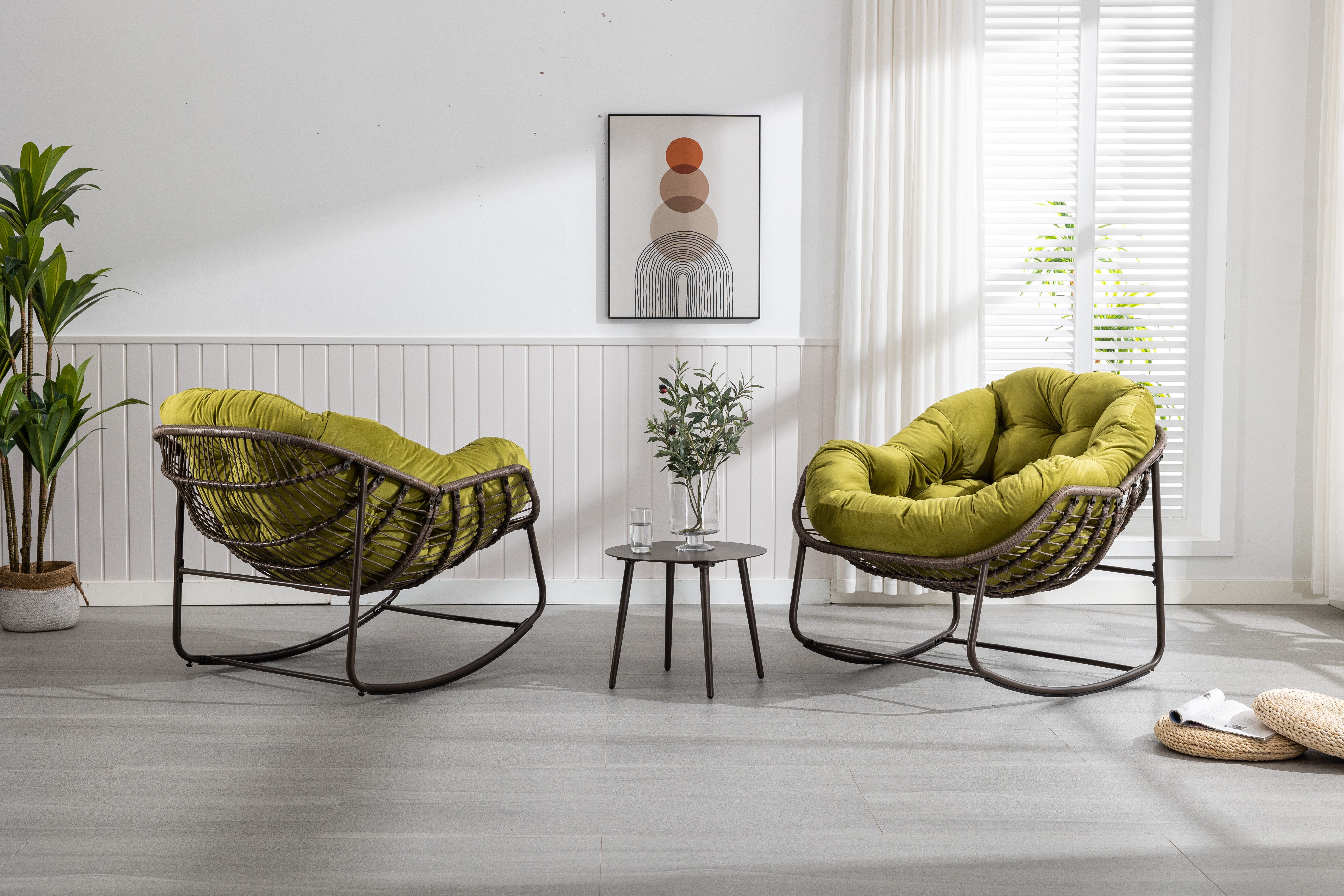 CHICFURN Schaukelstuhl Outdoor Rattan Sessel mit gepolsterter Auflage (Packung, 1 St), Rocker Recliner für Terrasse, Wohnzimmer, Garten, Olivgrün