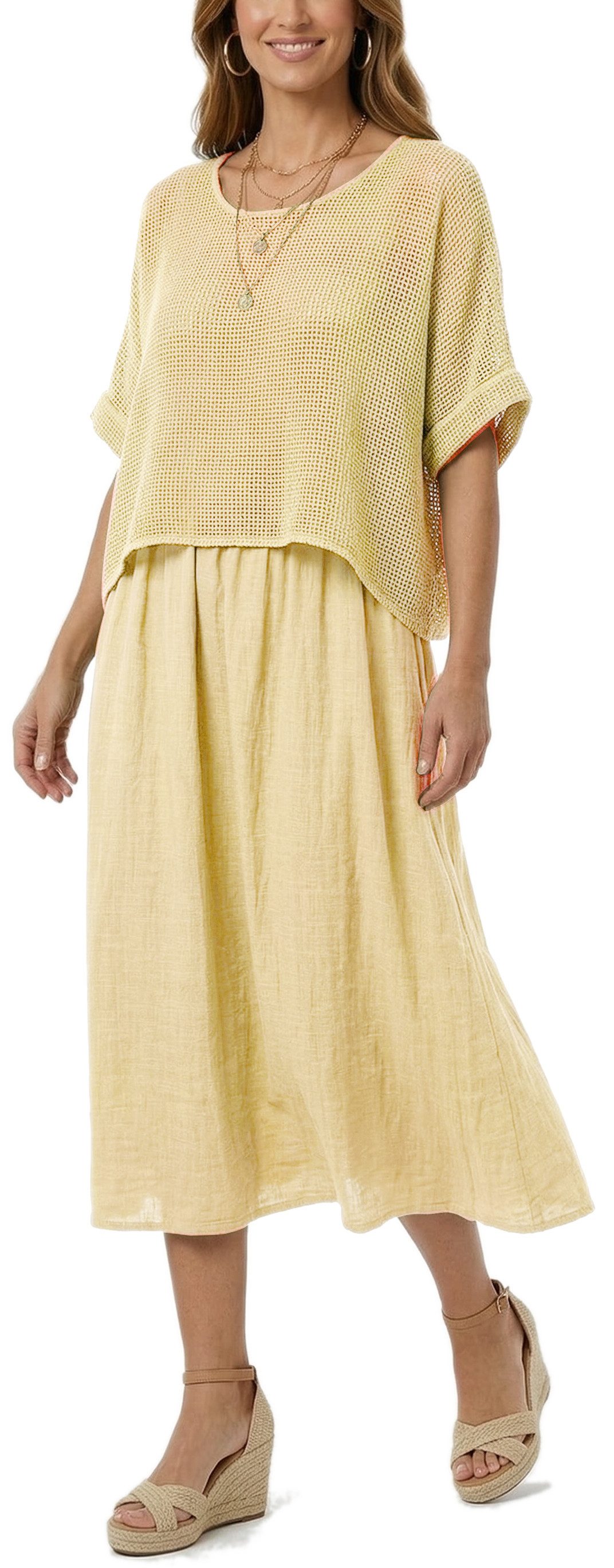 dy_mode Sommerkleid Damen Sommerkleid Midikleid in Zweiteiler-Optik Lagenlook Kleid in Unifarben, Zweiteiler-Optik