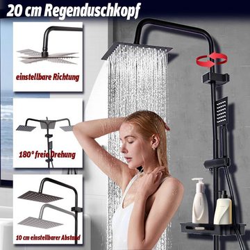 Gziztx Duschsystem Regendusche set mit Ablage, Edelstah Brausegarnitur für Badezimmer, 20 x 20 cm Duschkopf und Handbrause, verstellbares Duschstangenset