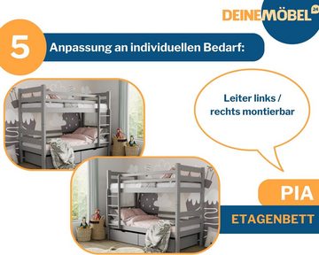 Deine Möbel 24 Etagenbett Hochbett PIA für 2 Kinder 90x200 Weiß Aschgrau aus Massivholz (Set, Kinderbett mit Lattenrost, inkl. Rausfallschutz oben), in 2 Kinderbetten umbaubar, mit Schubladen, mit Matratzen optional