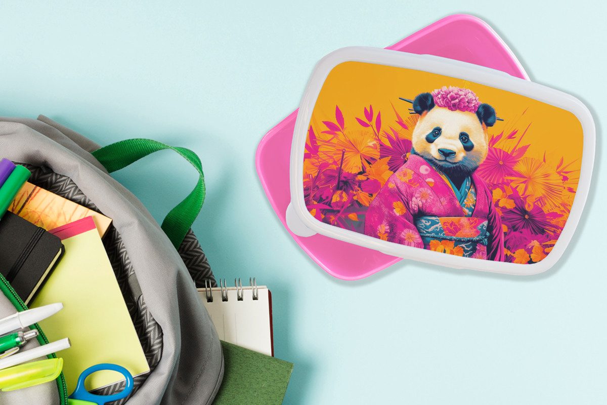 MuchoWow Lunchbox Kimono - Rosa - Panda - Blumenkrone, Kunststoff, (2-tlg), Brotdosen, Lunch Box, Brotbox für Kinder und Erwachsene