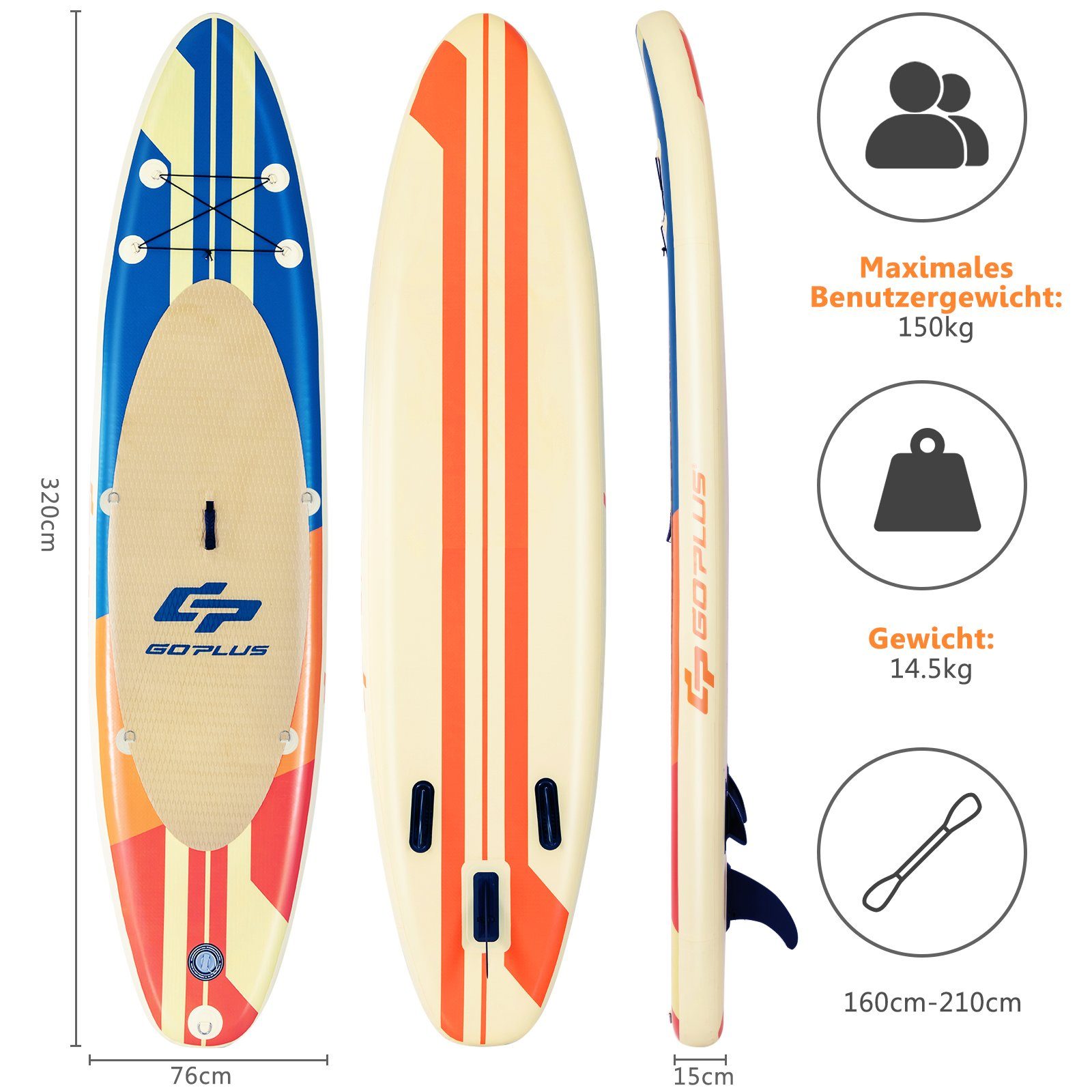 COSTWAY SUP-Board aufblasbar Stand bis 150kg Up Paddle 320cm, Board