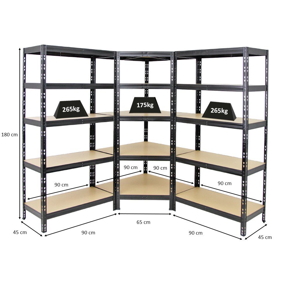 PROREGAL® Eckregal MegaDeal Tiger 1x Eckregal + 2 Stück 180x90x45cm Schwarz, Fachlast von 175 kg beim Eckregal und 265 kg bei den Standregalen