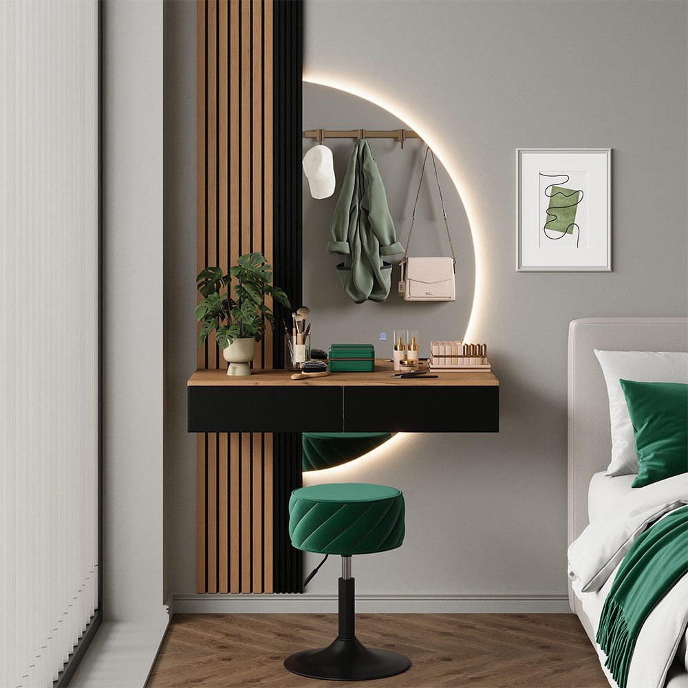 Vicco Schminktisch Melina, Eiche/Schwarz, 100 cm mit LED-Spiegel (2-St)