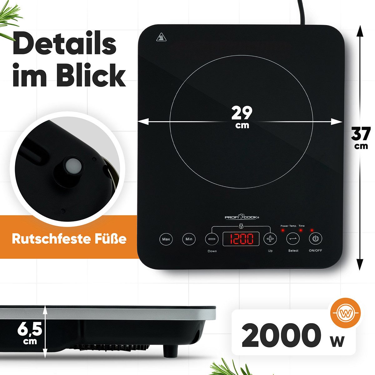 ProfiCook Einzel-Induktionskochplatte PC-EKI 1062, Induktionskochplatte, 10 Stufen, 60°-240°C