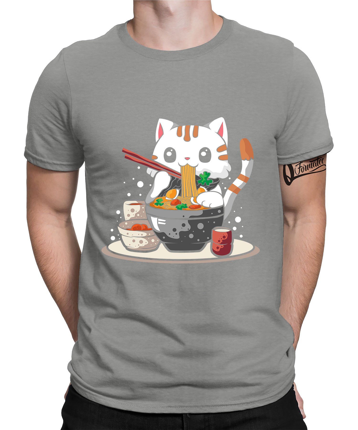 Nudeln Anime Herren Katze Ramen Formatee Kurzarmshirt Japan Japanische (1-tlg) Grau Heather T-Shirt Quattro