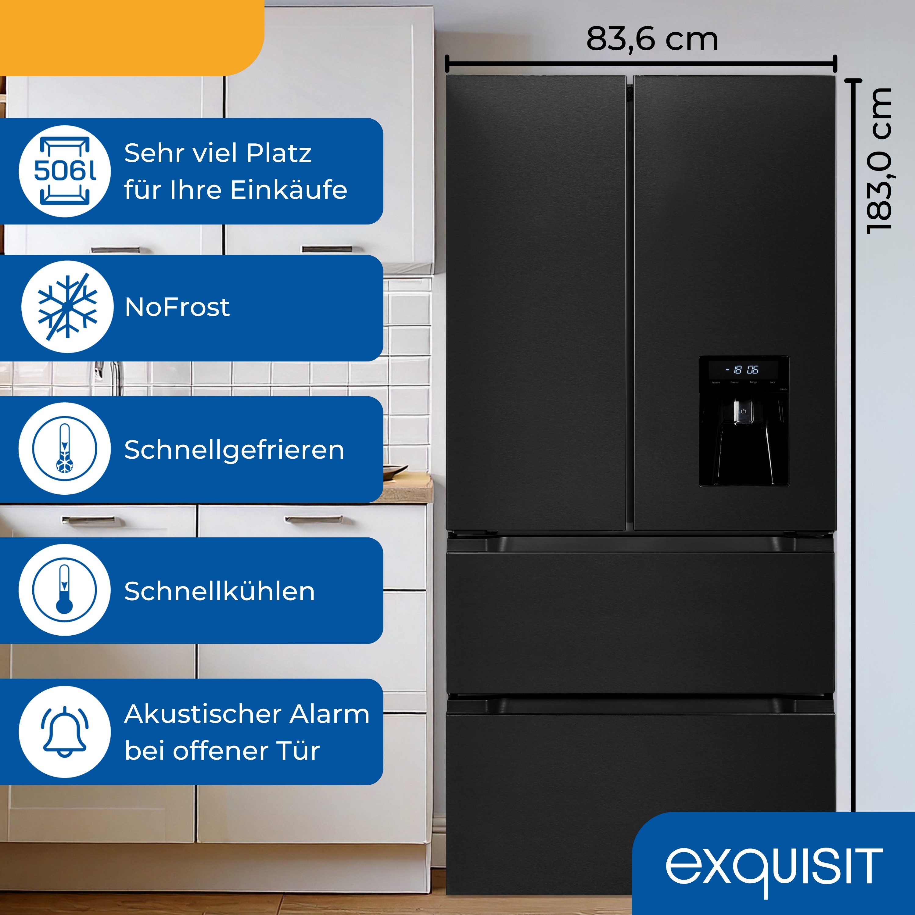 exquisit Kühlschrank FD5490-160-WS-202E, 183 cm hoch, 83.6 cm breit,Super-Kühl-Modus, Schnell-Gefrierfunktion, NoFrost, Wasserspender