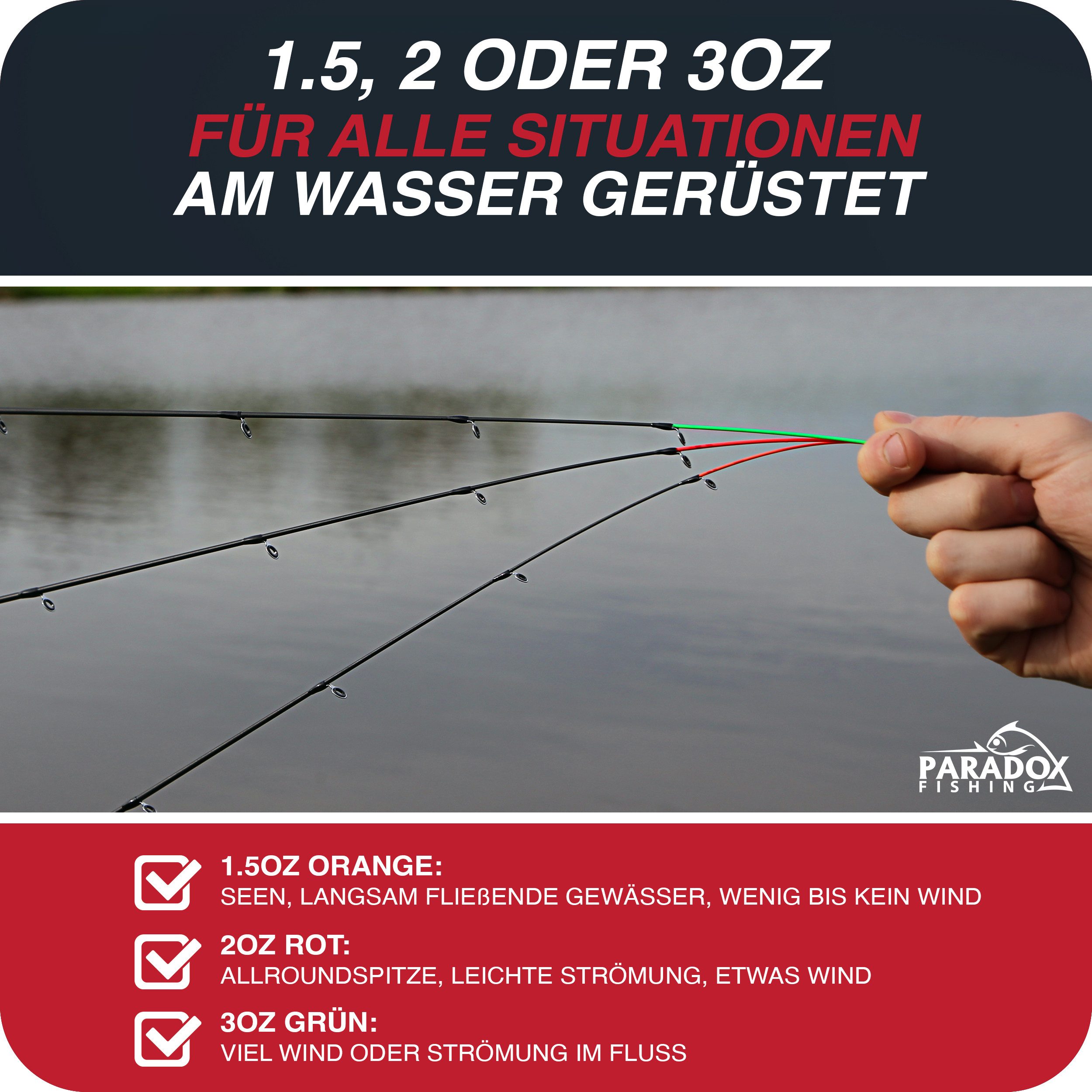 Paradox Fishing Feederrute Combo Feeder, (Rute + Rolle), 3,3m/3,6m, 90g/120g, 3 Wechselspitzen