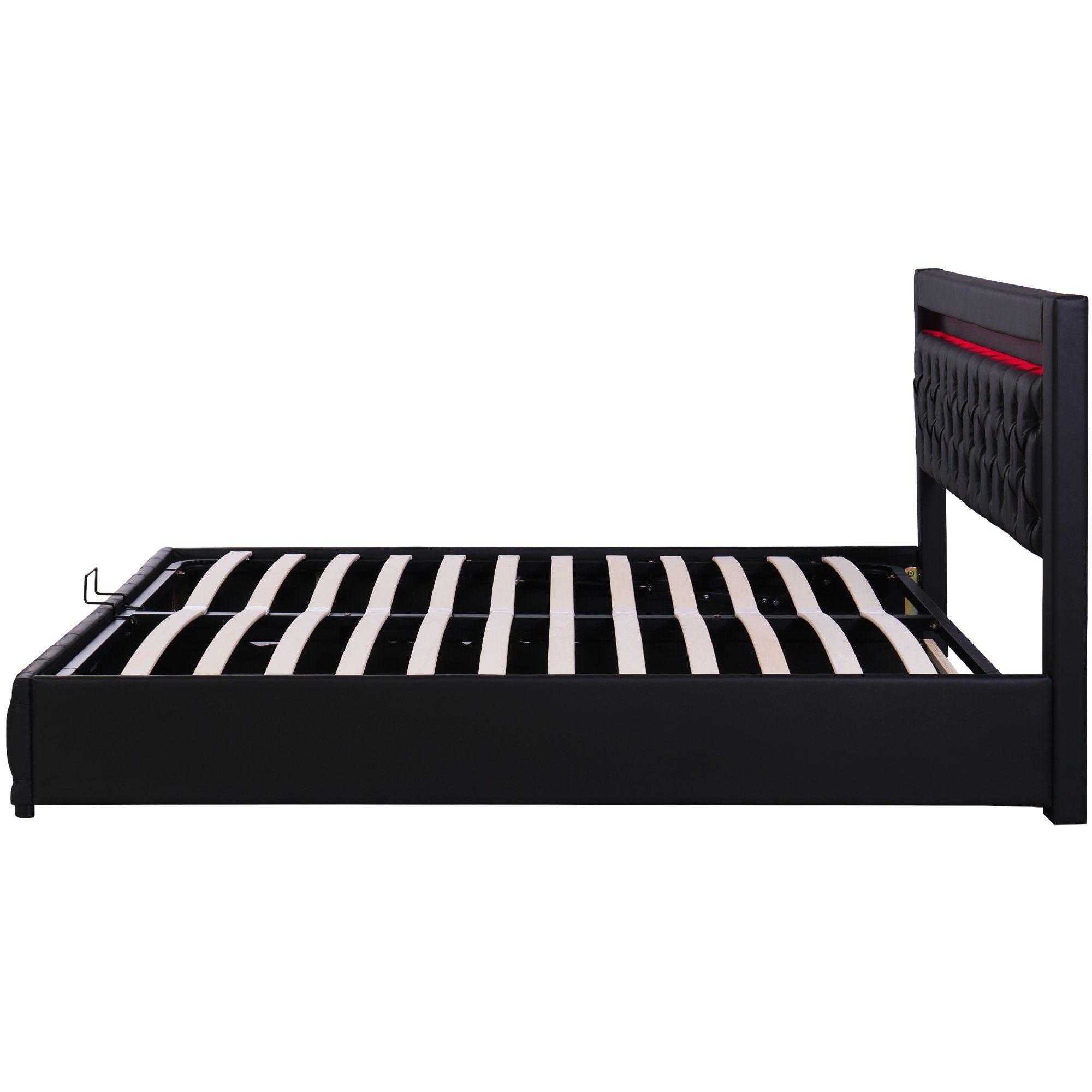 Boxspringbett (Hydraulisches Bett 180x200cm mit Bettkasten), Polsterbett mit LED-Beleuchtung, Kunstleder, weiches Kopfteil