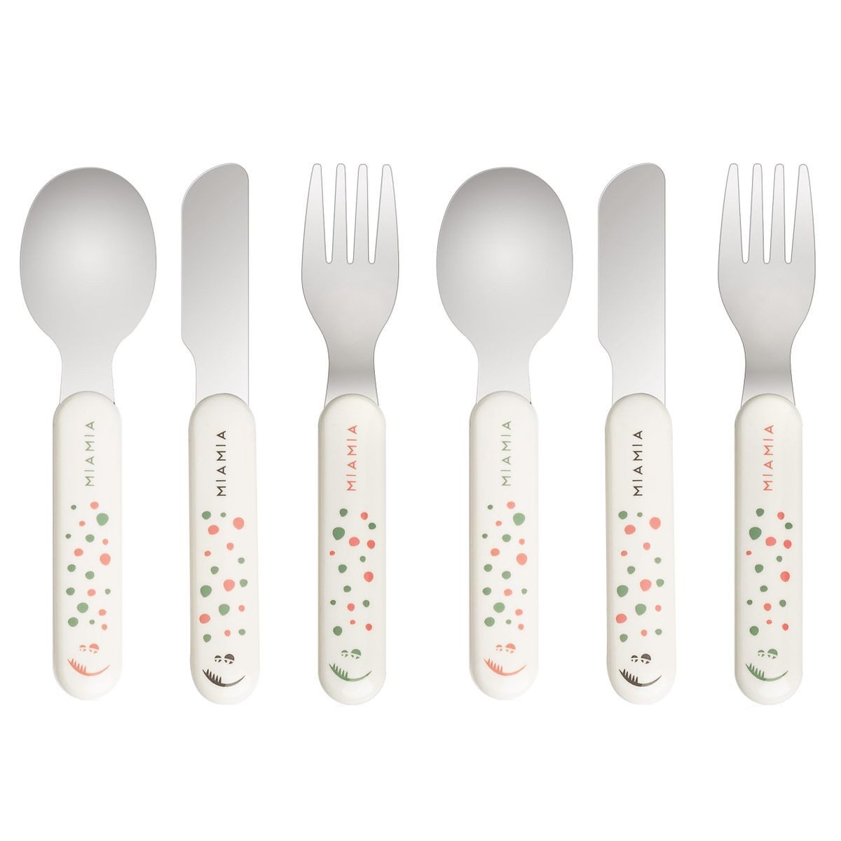 MiaMia Kinderbesteck Punkte - Weiß (6-tlg), 2 Personen, Edelstahl 18/10 / Kunststoff PP, Kinder & Baby Besteck Set 6-tlg. Babybesteck mit handlichen Griffen