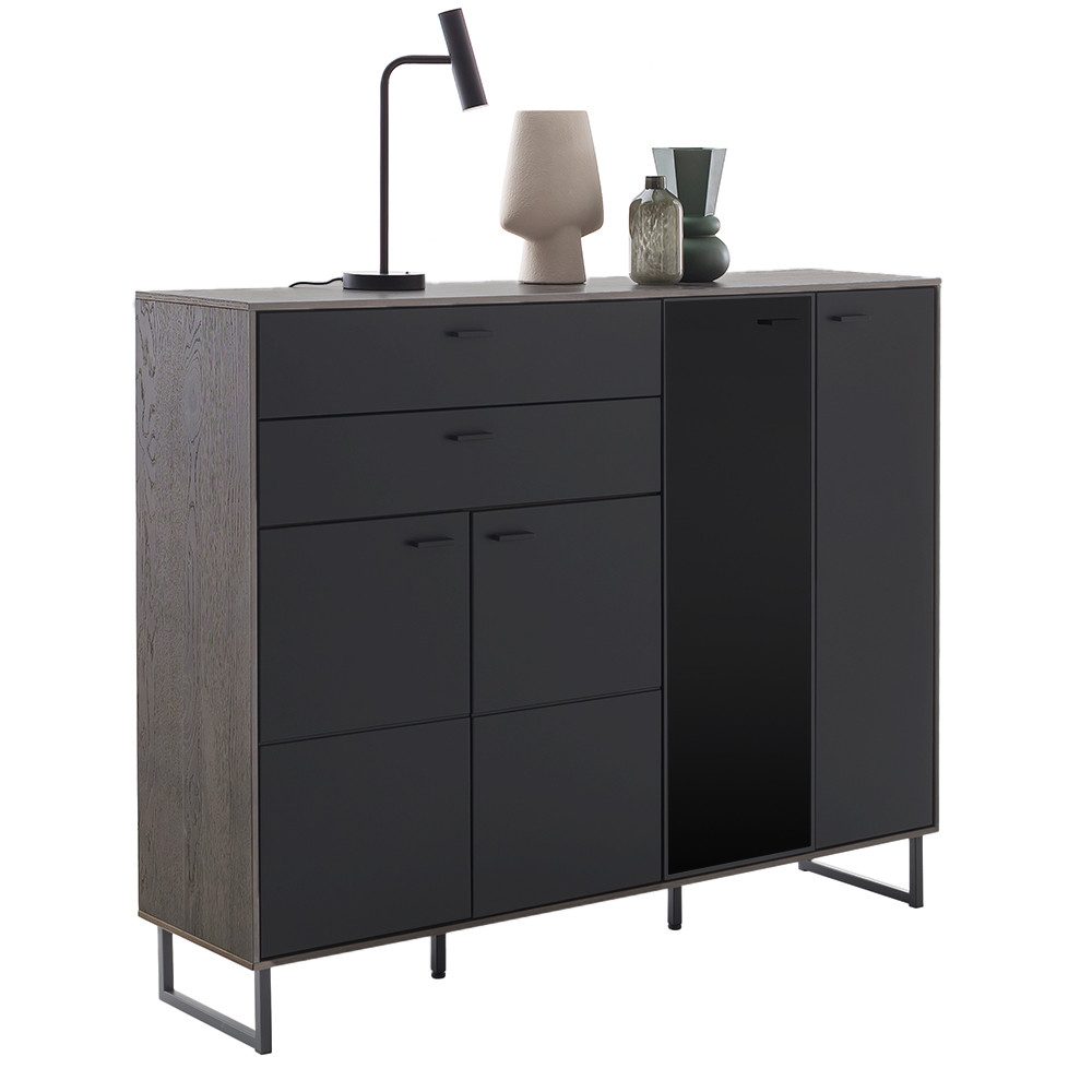 Lomadox Highboard VARAZZE-05, Softblack mit Eiche Furnier, Softclose, 2 Schubkästen, 4 Türen