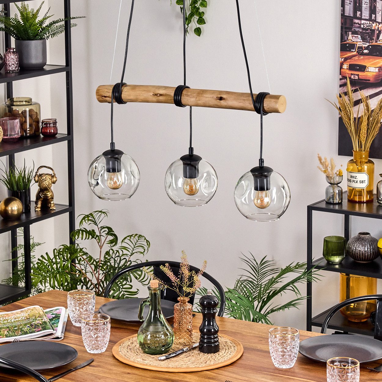 hofstein Pendelleuchte Hängelampe aus Metall/Holz/Glas in Schwarz/Natur/Kla günstig online kaufen