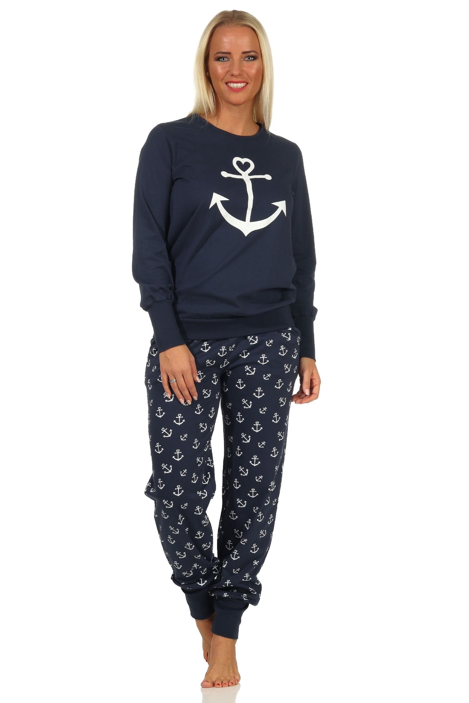 Normann Damen Motiv als Anker Schlafanzug marine Optik mit maritimer in mit Pyjama Bündchen