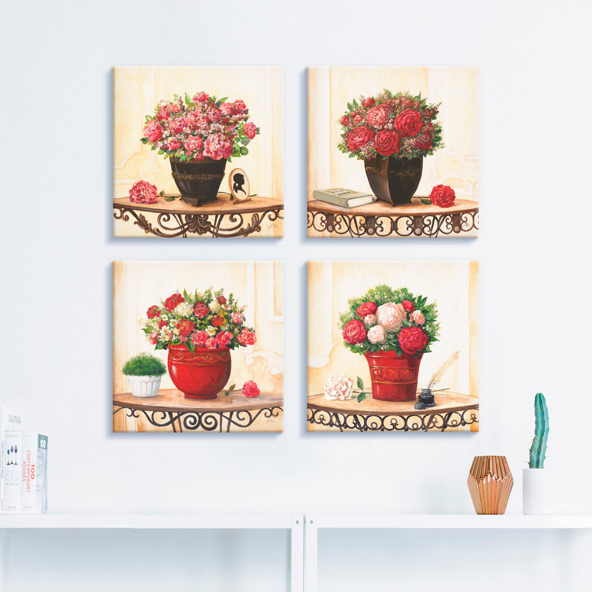 Artland Leinwandbild Hortensien Nelken Rosen Pfingstrosen, Blumen (4 St), 4er Set, verschiedene Größen