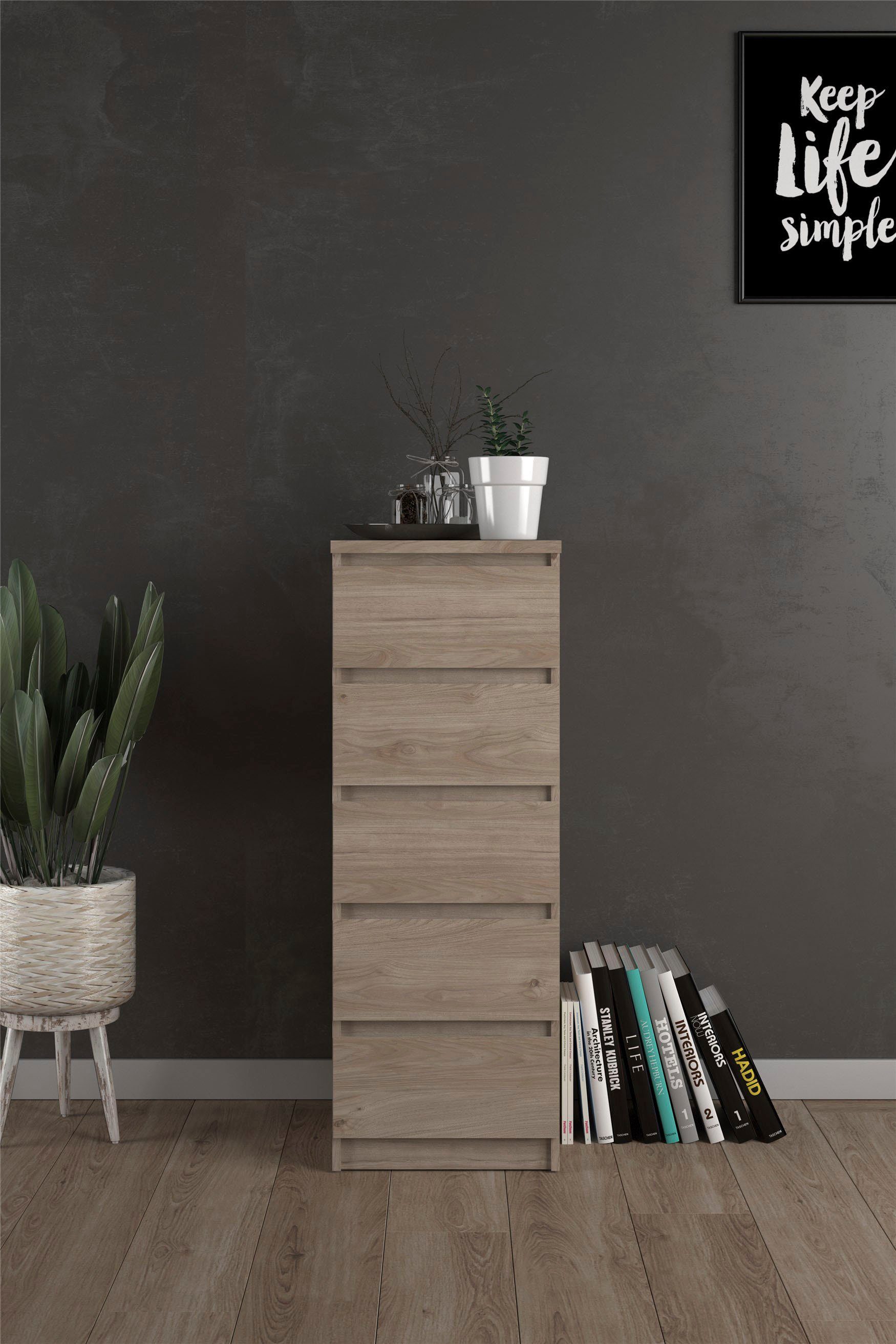 Home affaire Highboard Naia, Hochkommode, 5 Schubladen, Aufbewahrung, grifflose Front, Modern, skandinavisches Design, Schmal, in mehrere Farben