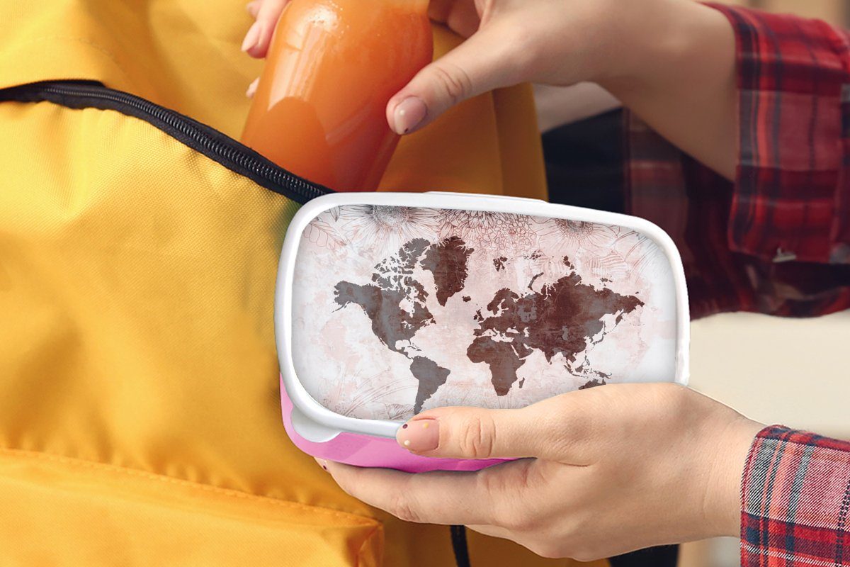 (2-tlg), Brotdose Kunststoff Erwachsene, Rot, MuchoWow rosa Mädchen, Kinder, - - Vintage Kunststoff, Brotbox für Weltkarte Lunchbox Snackbox,