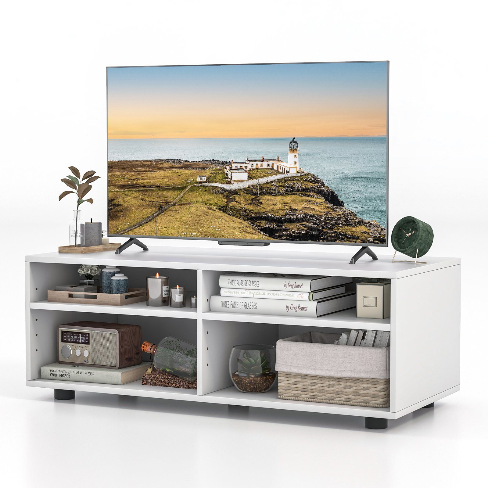 COSTWAY Fächern, TV-Schrank mit Regal, Holz verstellbares 4 90x39x33cm,