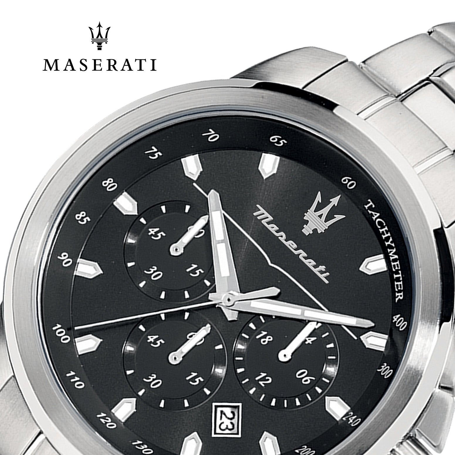 MASERATI Chronograph Maserati Herrenuhr Uhr schwarz, silber Chronograph, Made-In Italy rund, 52x44mm) Herren groß Edelstahlarmband, (ca