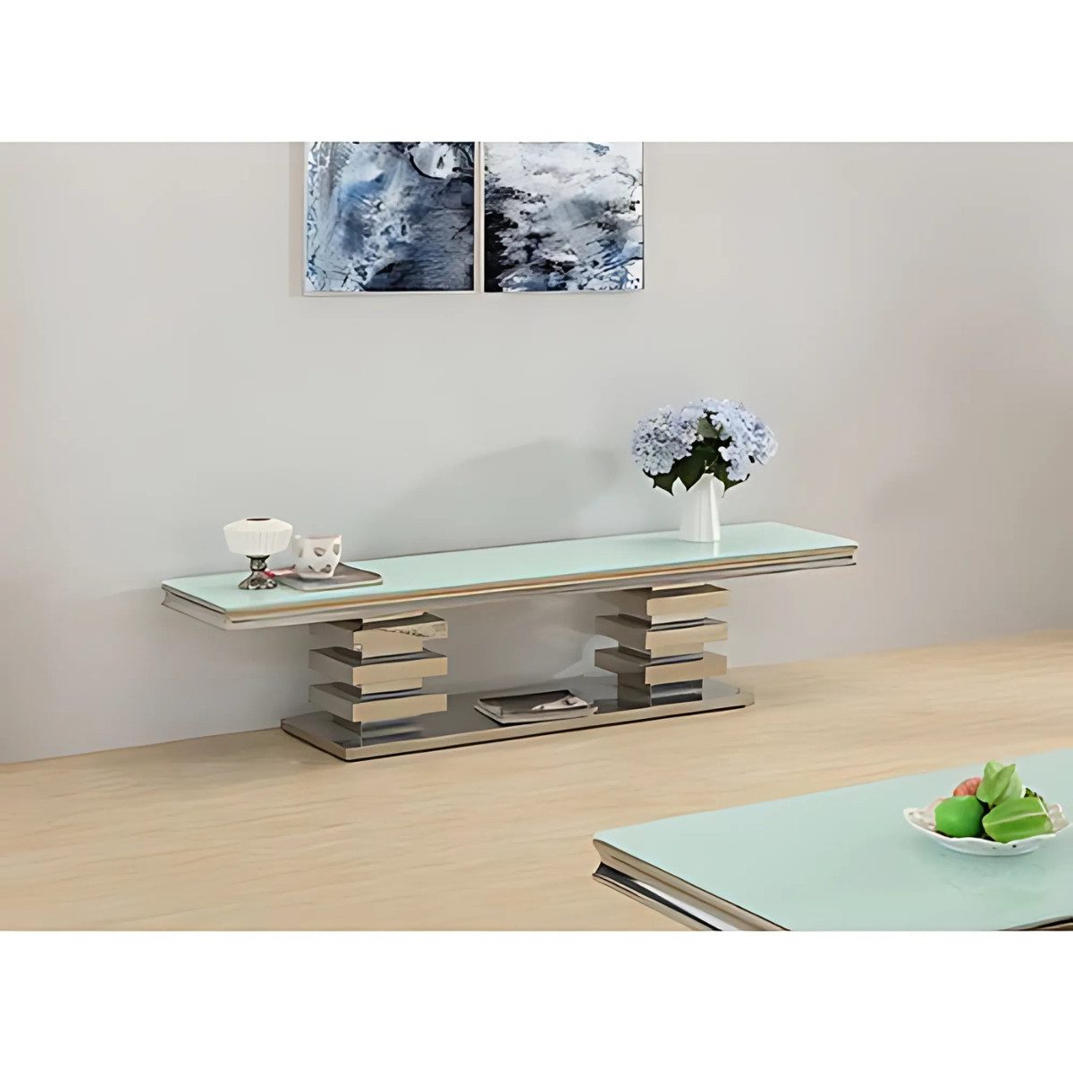 alesvelt TV-Bank Monza modern Silber 200 cm Tischplatte aus Glas