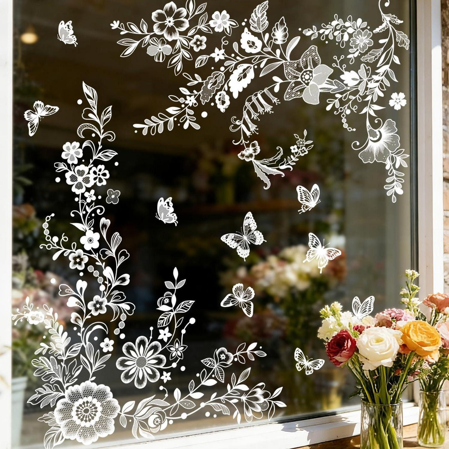 LuxusKollektion Fensterbild Fenstersticker Weiße Blumen Schmetterling Ranke