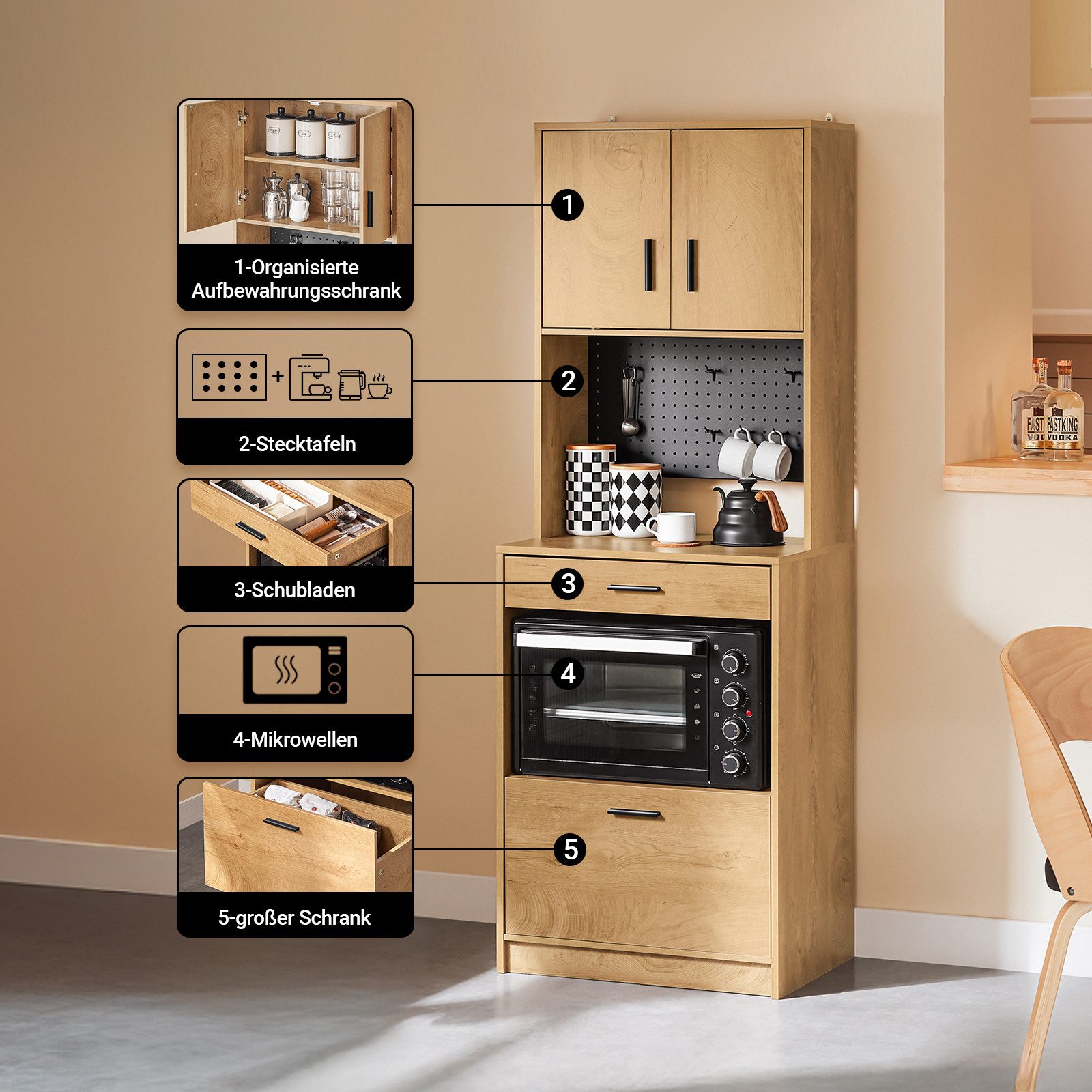 SoBuy Buffet FSB98, Küchenschrank mit Mikrowellenablage, Küchentrolley Küchekommode Mikrowellenschrank mit Pegboard Hochschrank Sideboard Küchenschrank