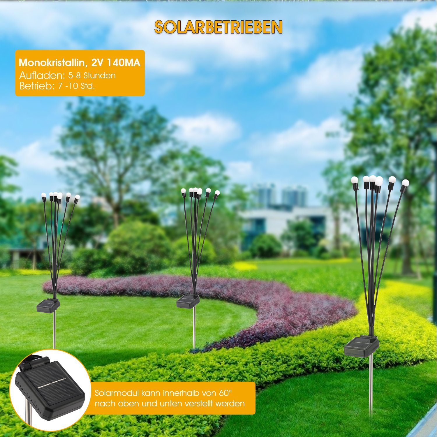 LETGOSPT LED Glühwürmchen LED Garten, integriert, Wasserdicht 8 LED für IP65 1/2/4er für Garten, Solarleuchten Stück Solarlampen Warmweiß, 1 -Pack Leuchte, fest Außen Glühwürmchen Solarleuchte