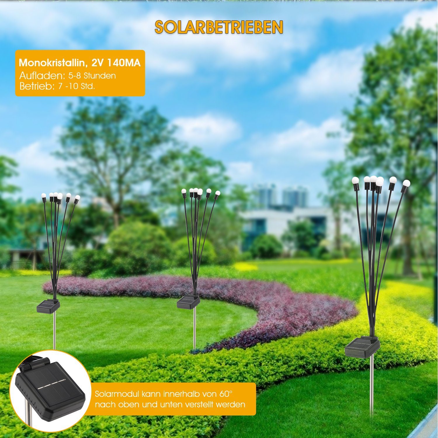 Pack Solarleuchten 8 für LED Warmweiß, Solar Steckleuchte, Glühwürmchen LED Solarbetriebene Garten, fest LED integriert, Wasserdicht IP65 Leuchte, 2 Solarleuchte Glühwürmchen Garten iscooter