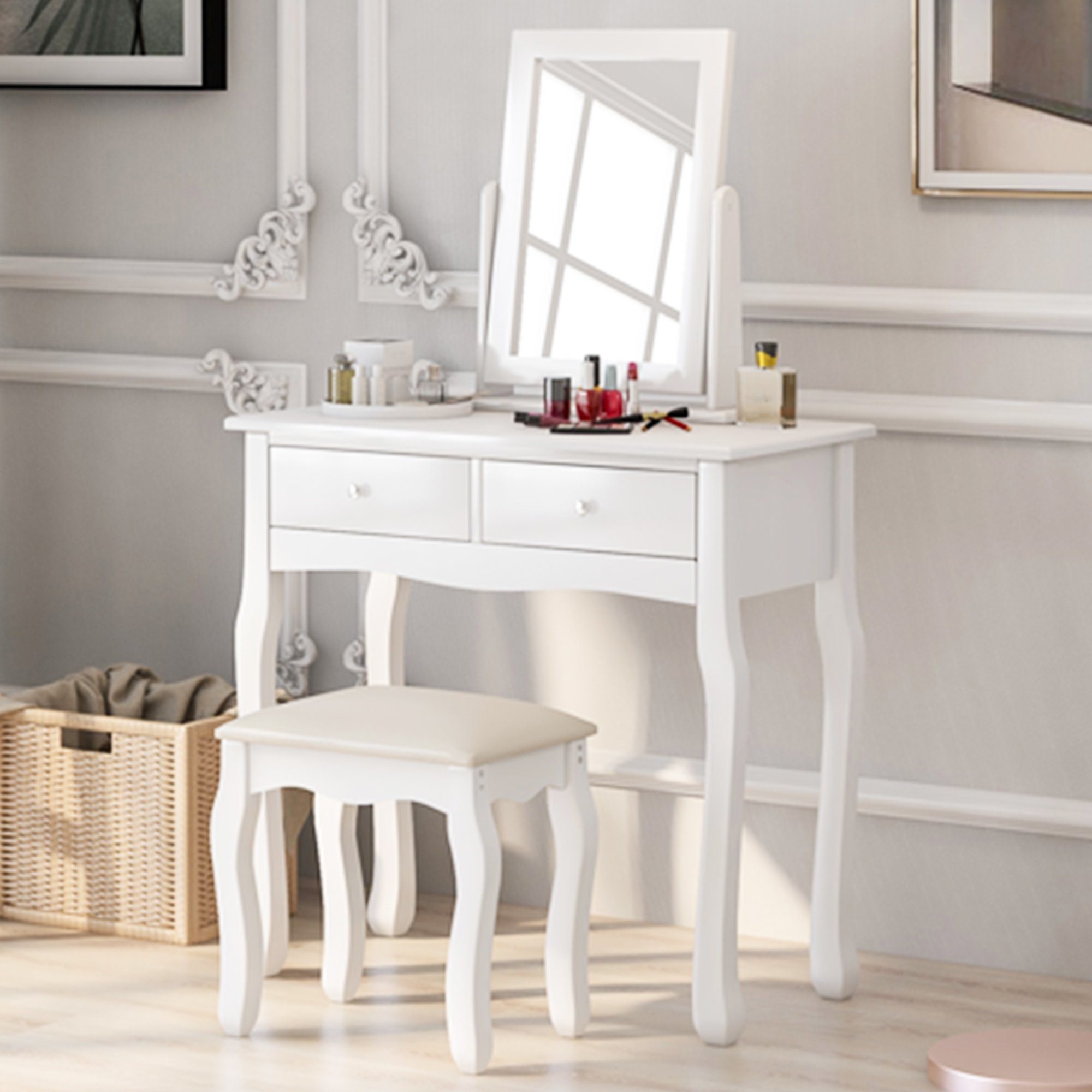 Flieks Schminktisch Be Urself, Schminkkommode mit quadratischen Spiegel & 2 Schubladen & Hocker