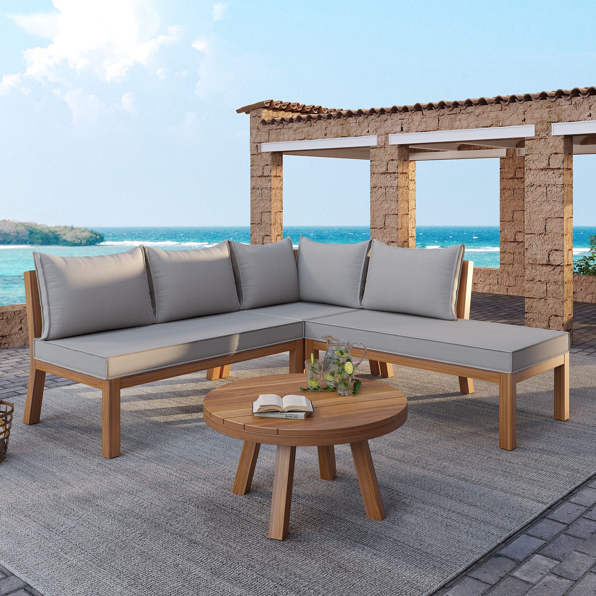 OKWISH Gartenlounge-Set Dicker Massivholzrahmen, (Gartensofa, Garten-Essgruppe, Balkonset, 4-tlg., Ecksofa + Couchtisch), mit Akazientischplatte