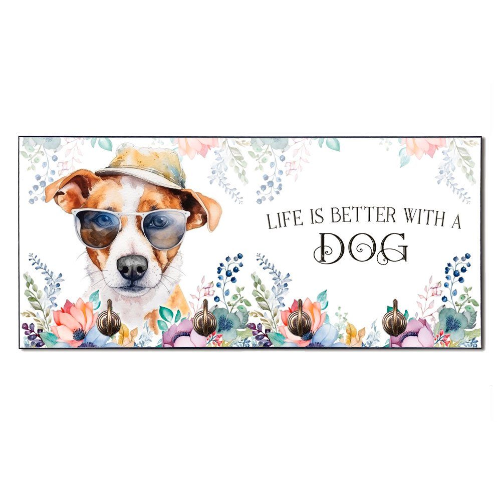 Cadouri Wandgarderobe JACK RUSSELL TERRIER Hundegarderobe - Wandboard für Hundezubehör (Garderobe mit 4 Haken), MDF, mit abgeschrägten Ecken, handgefertigt, für Hundebesitzer