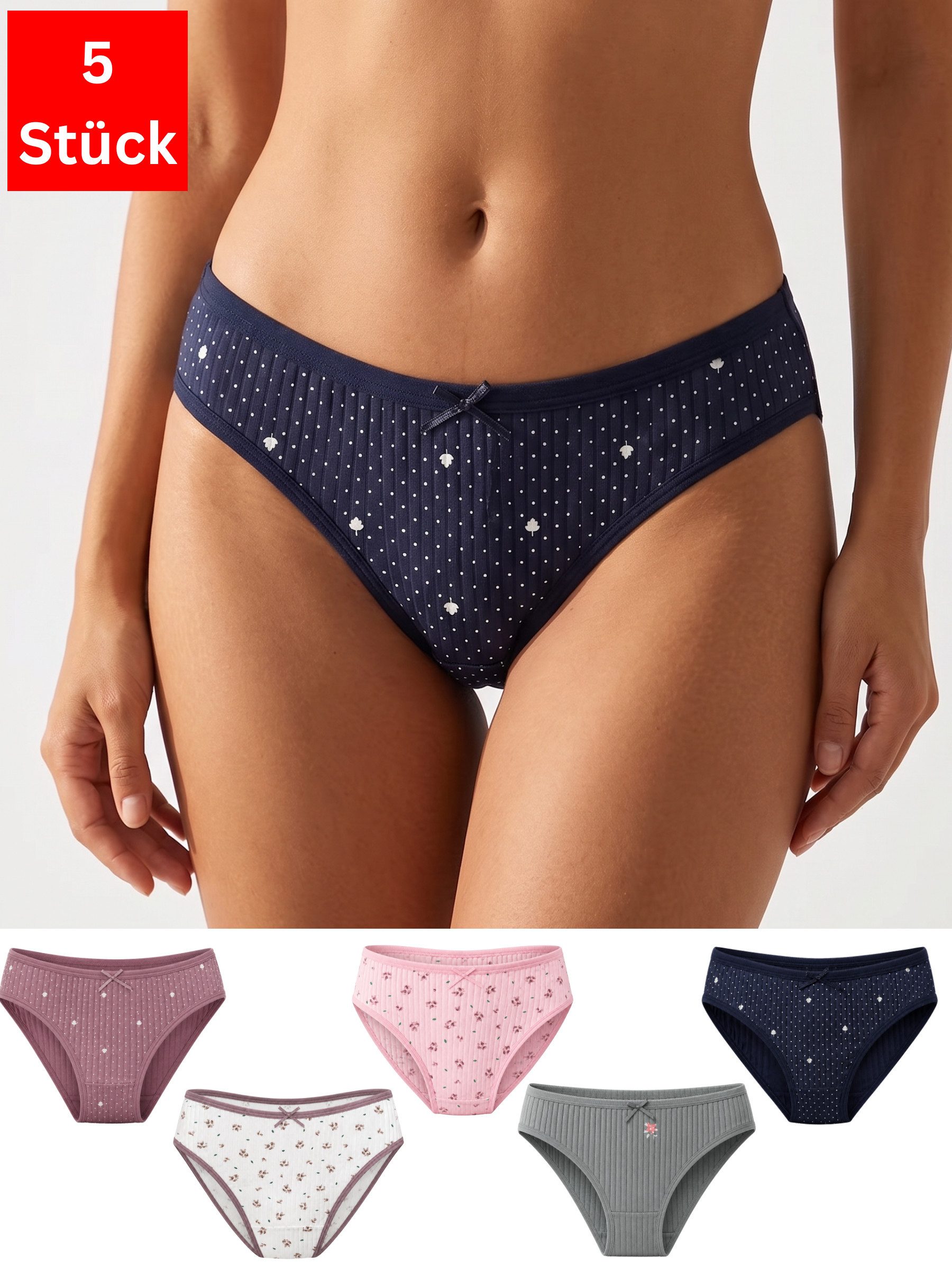 Elegant Love Slip Damenunterwäsche aus Baumwollmischung - Unterhosen aus weichem Ripp (Packung, 5-St., 5er-Pack) Hüftslips im praktischen Set – Komfortable Panties für jeden Tag
