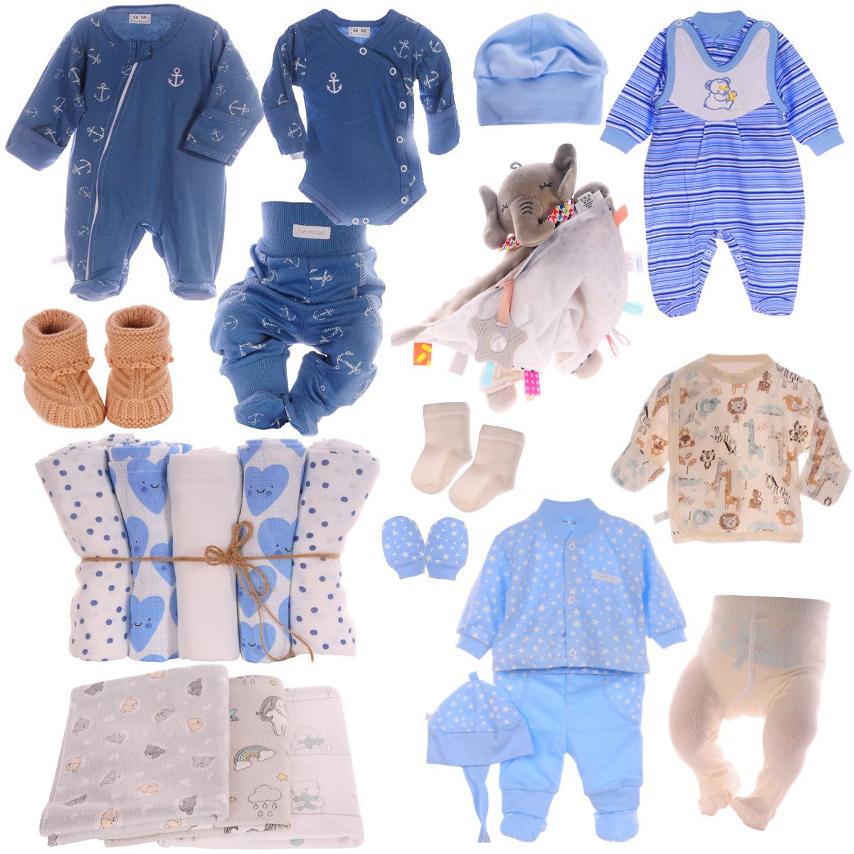 La Bortini Starterpaket Erstausstattungspaket Baby Set 23 Tlg Body Hose Strampler Strumpfhose (Geschenk zur Geburt für Jungen, Bekleidung für Neugeborene) aus Baumwolle, ein Geschenk zur Geburt, Paket in Blau 44 50 56 62 68