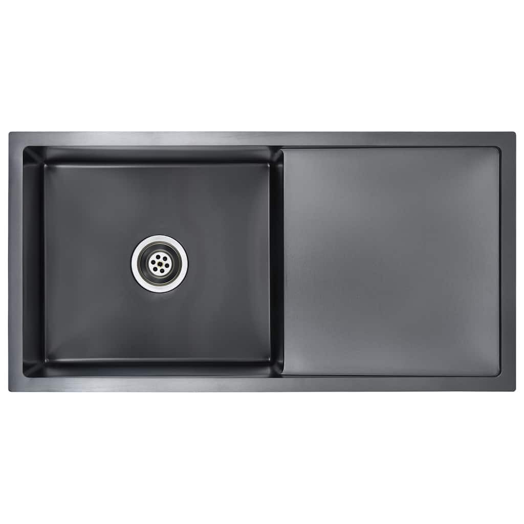 vidaXL Granitspüle Handgefertigte Küchenspüle Schwarz Edelstahl, 44/87 cm