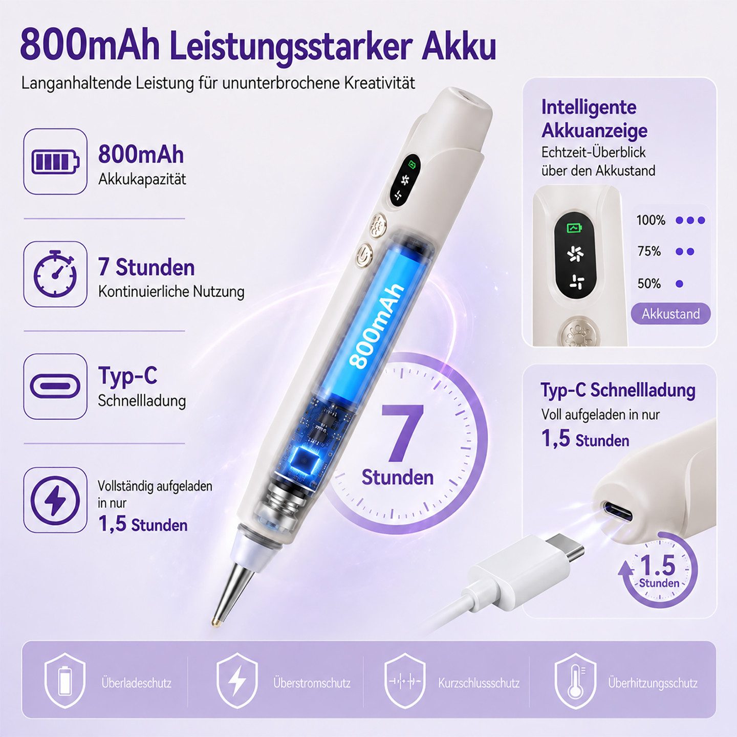 marmortrend Sehnsucht nach Einzigartigkeit Druckbleistift Elektrischer Diamond Painting Stift mit Beleuchtung, 7-H-Laufzeit