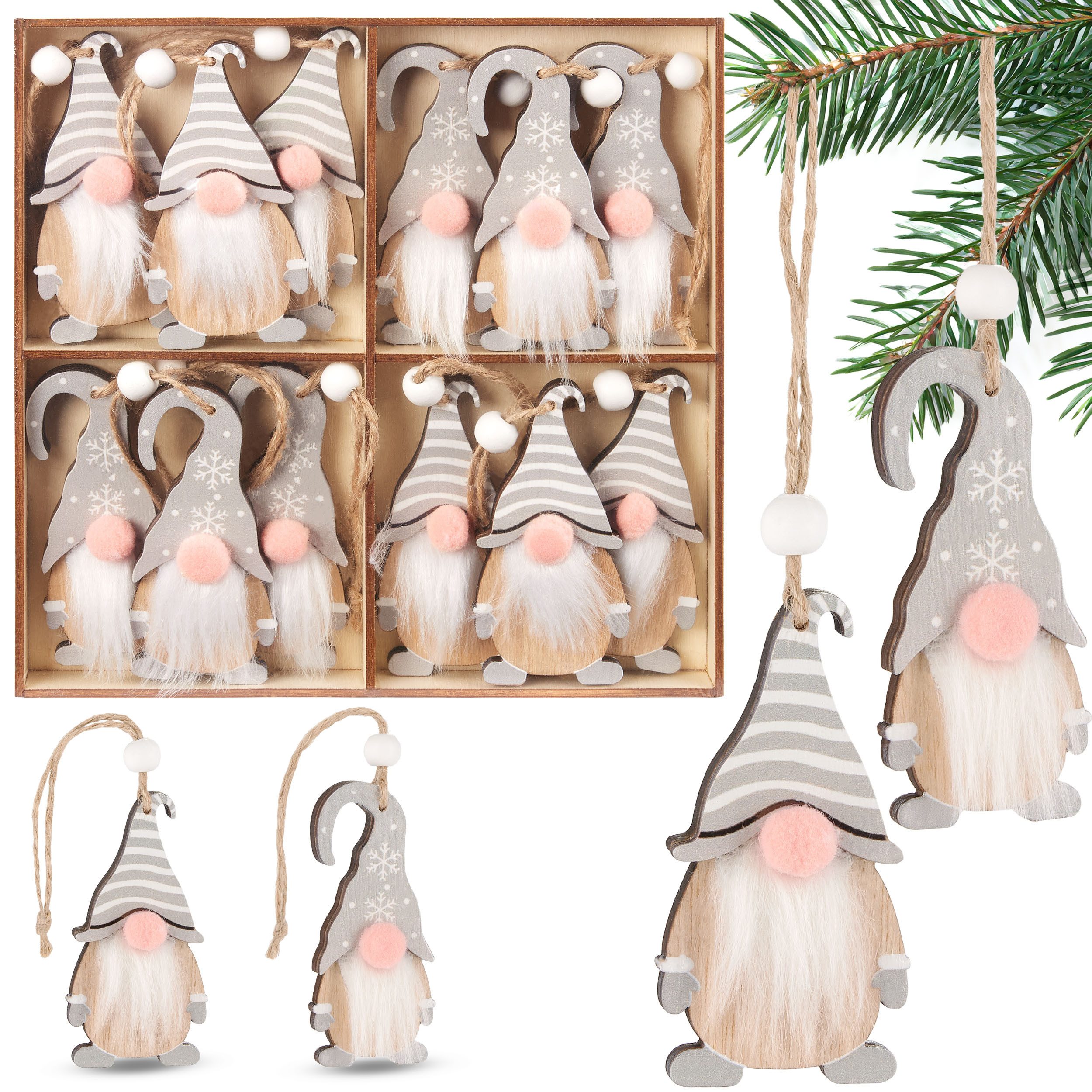 BRUBAKER Christbaumschmuck 12x Weihnachtsanhänger Wichtel - 8 cm Baumschmuck aus Holz - Gnom (12-tlg), Zwerge mit Bart und großer Nase - Holzanhänger Weihnachtsbaumschmuck
