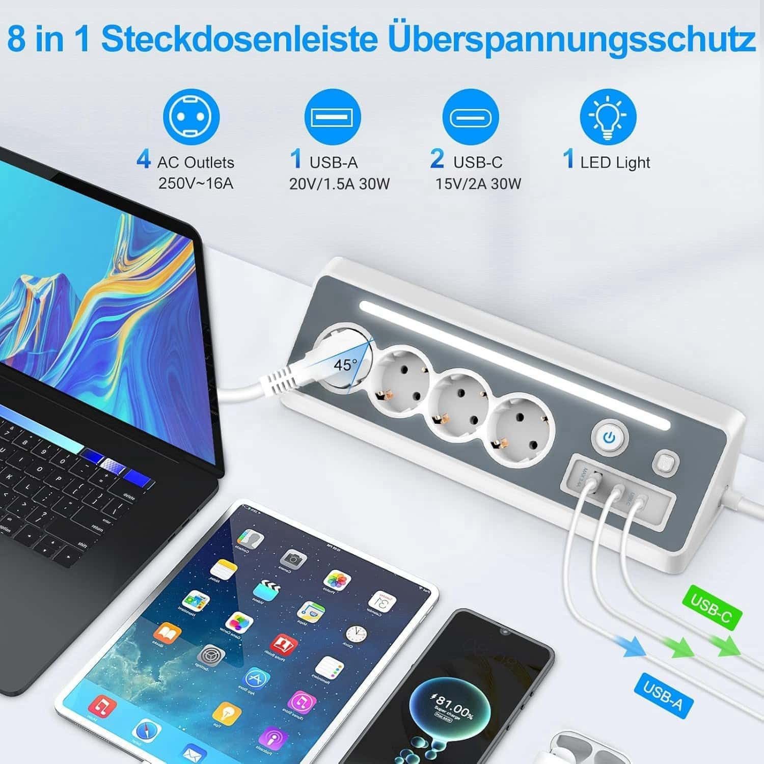 ibettertec Mehrfachsteckdose Würfel mit Magnetpad PD20W 6in1 Mehrfachsteckdose Steckdosenleiste 7-fach (Ein- / Ausschalter, USB-Anschlüsse, Schalterbeleuchtung, 3680W 16A,USB PD 30W, Überspannungsschutz, Kurzschluss, Überladungs, Überspannungs), mit USB, Type-C und LED Licht, für Küche Büro Schlafzimmer Wohnzi