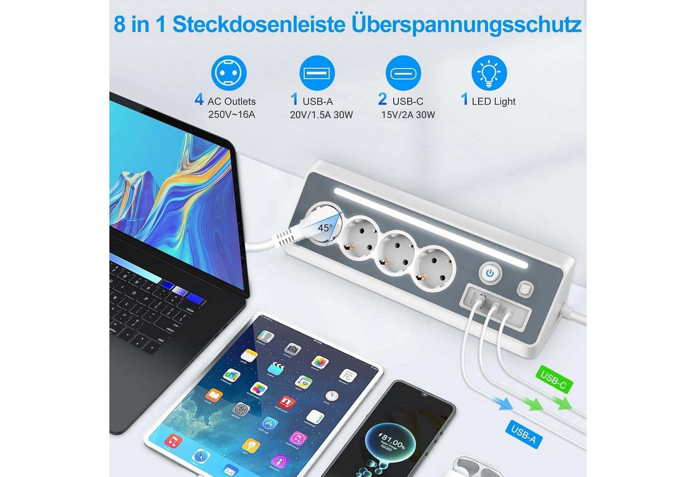 Thumbnail - ibettertec Mehrfachsteckdose Eck-Steckdosenleiste PD-Schnellaufladung 7 Fach Steckdosenleiste 7-fach (Schalterbeleuchtun...