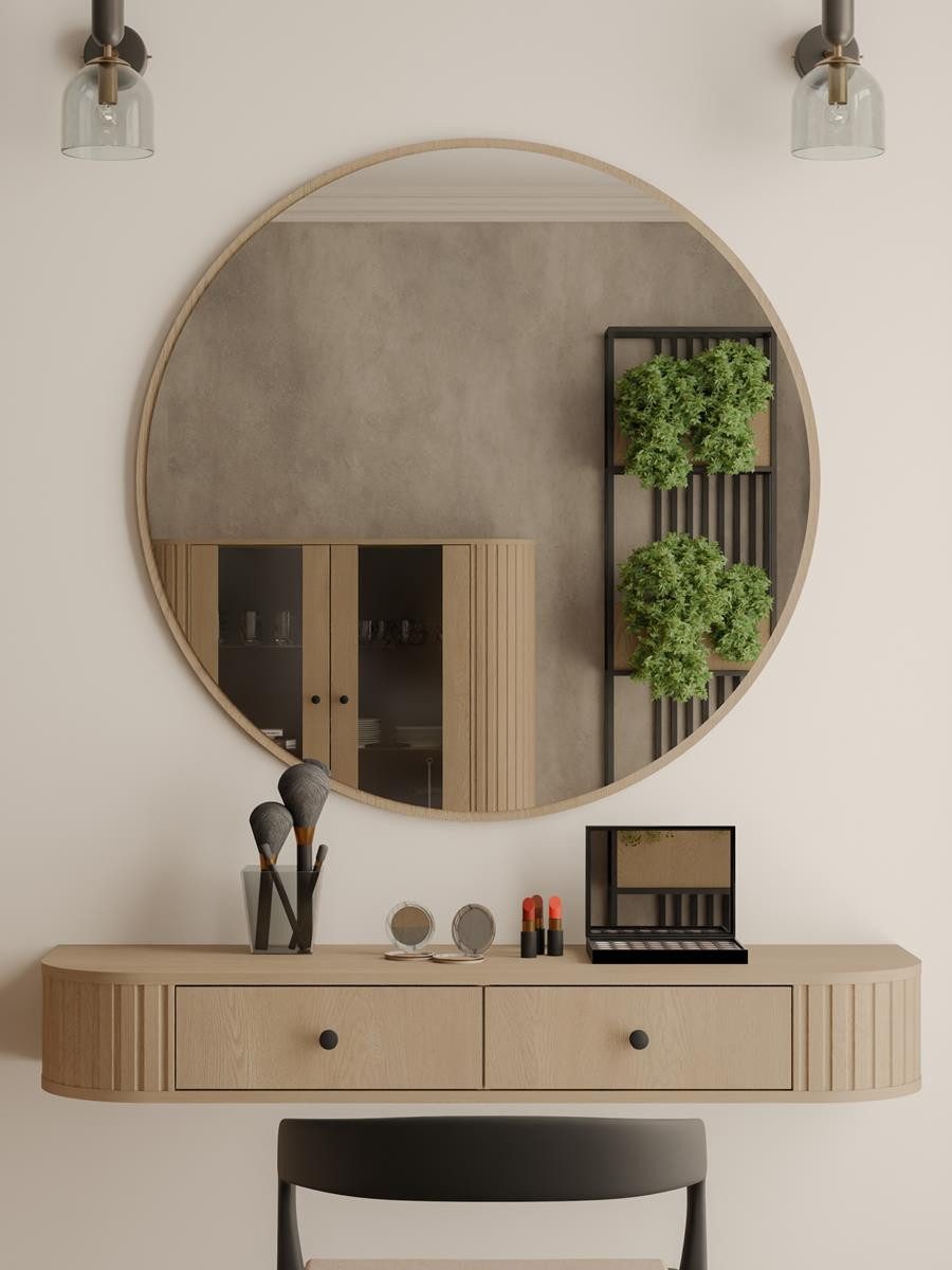 Compleo Schminktisch hängend mit Rund Spiegel, Stil Japandi oder Modern, Eiche cremona oder Beige, Ideal für Flur & Schlafzimmer