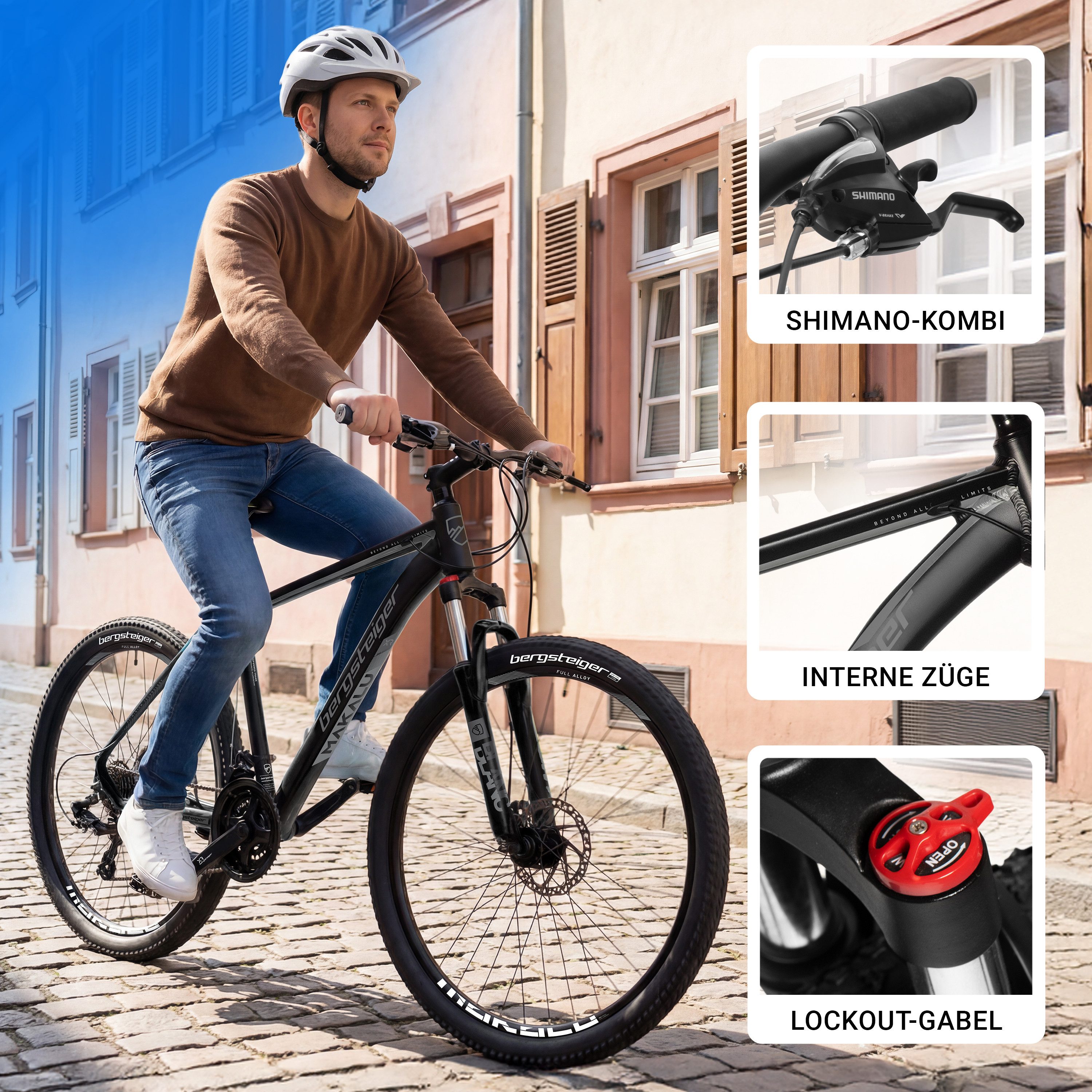 bergsteiger Mountainbike Makalu 26, 29 Zoll Mountainbike Alu, geeignet ab 150 cm, Damen, Herren, 21 Gang Shimano Tourney RD-TY300 Schaltwerk, Kettenschaltung, Scheibenbremsen