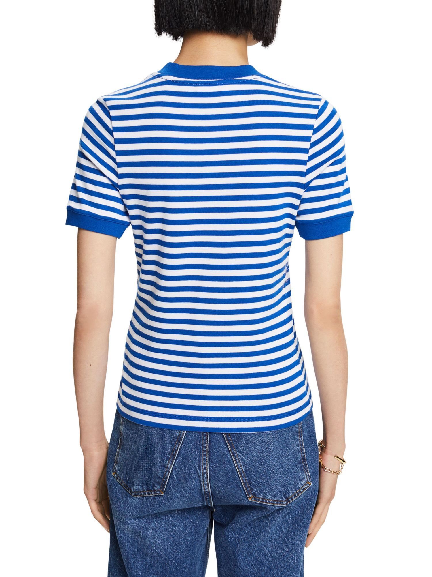Esprit T-Shirt Gestreiftes (1-tlg) Baumwoll-T-Shirt BLUE BRIGHT Logo-Print mit