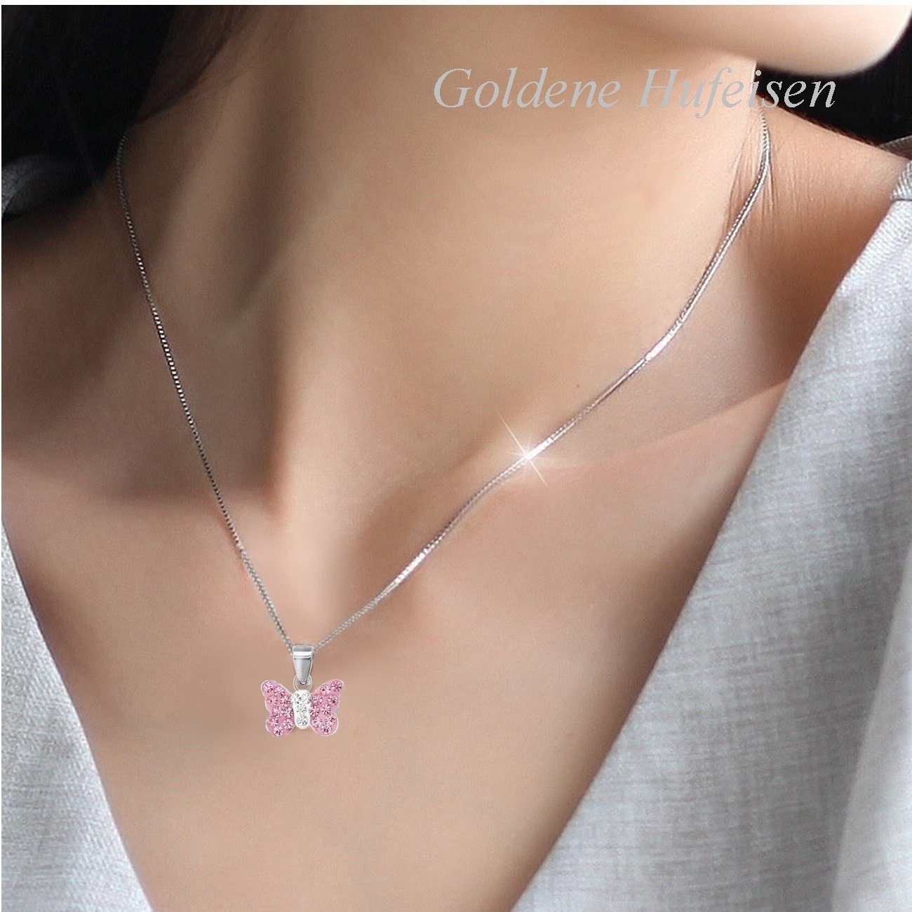 Goldene Hufeisen Kette mit Anhänger Schmetterling Rosa Kristall Anhänger Kette 925 Silber Kinder Mädchen (2-tlg, inkl. Etui), Kinderschmuck – Bild 3 von 5